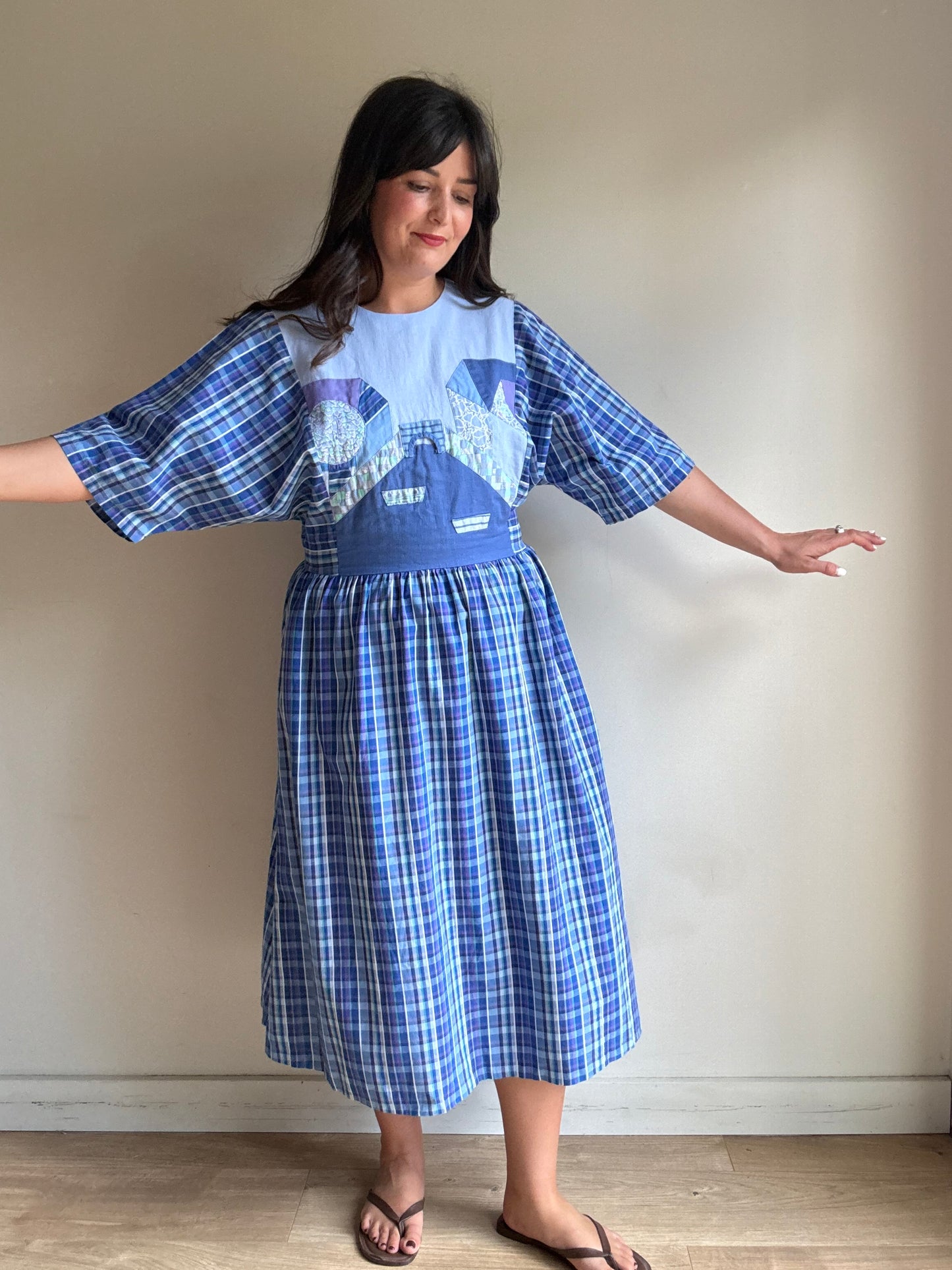 Handmade 70's Check Patch Dress, M