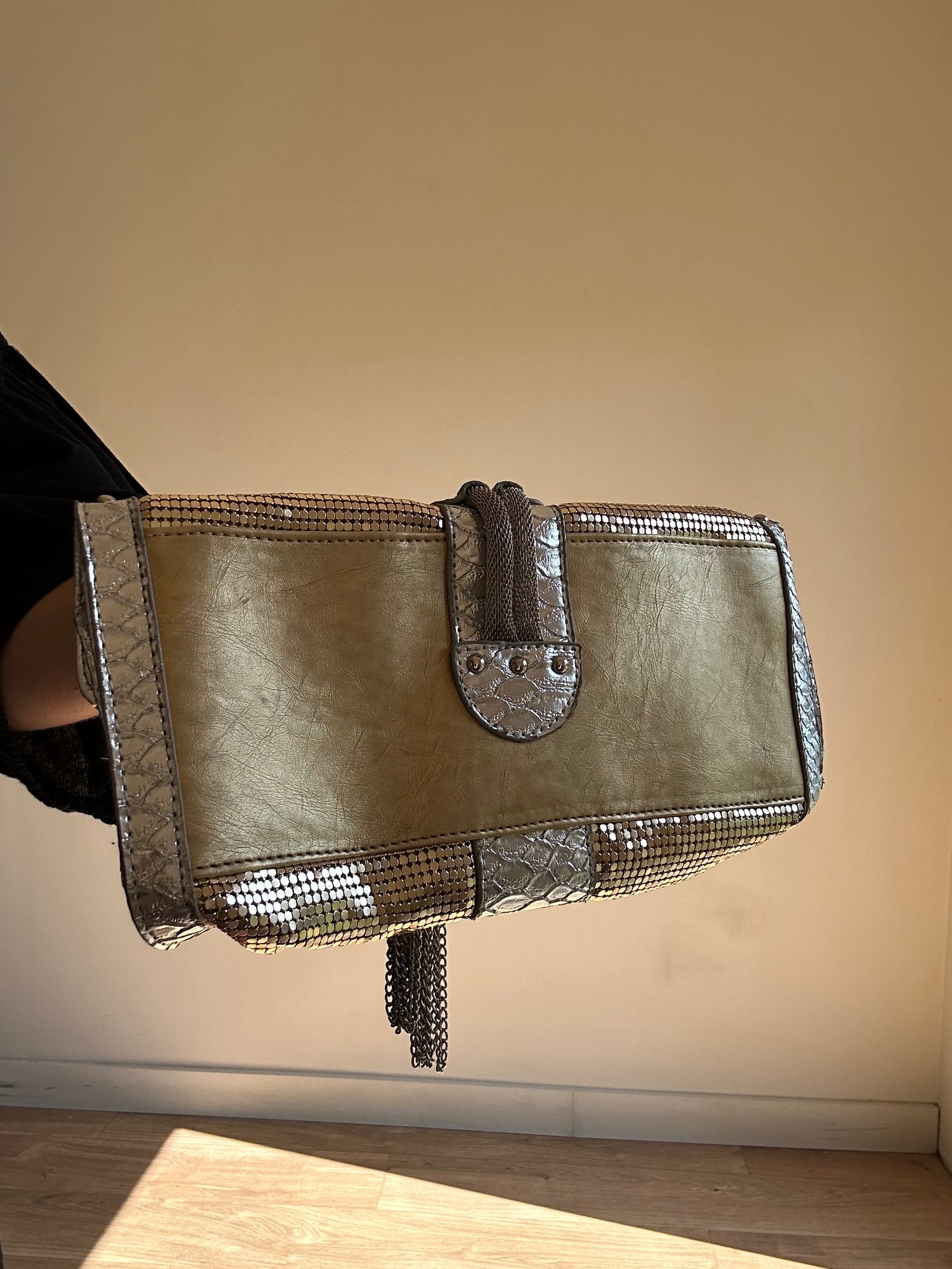 Gold & Silver Leather Chainmail Clutch Bag, O/S