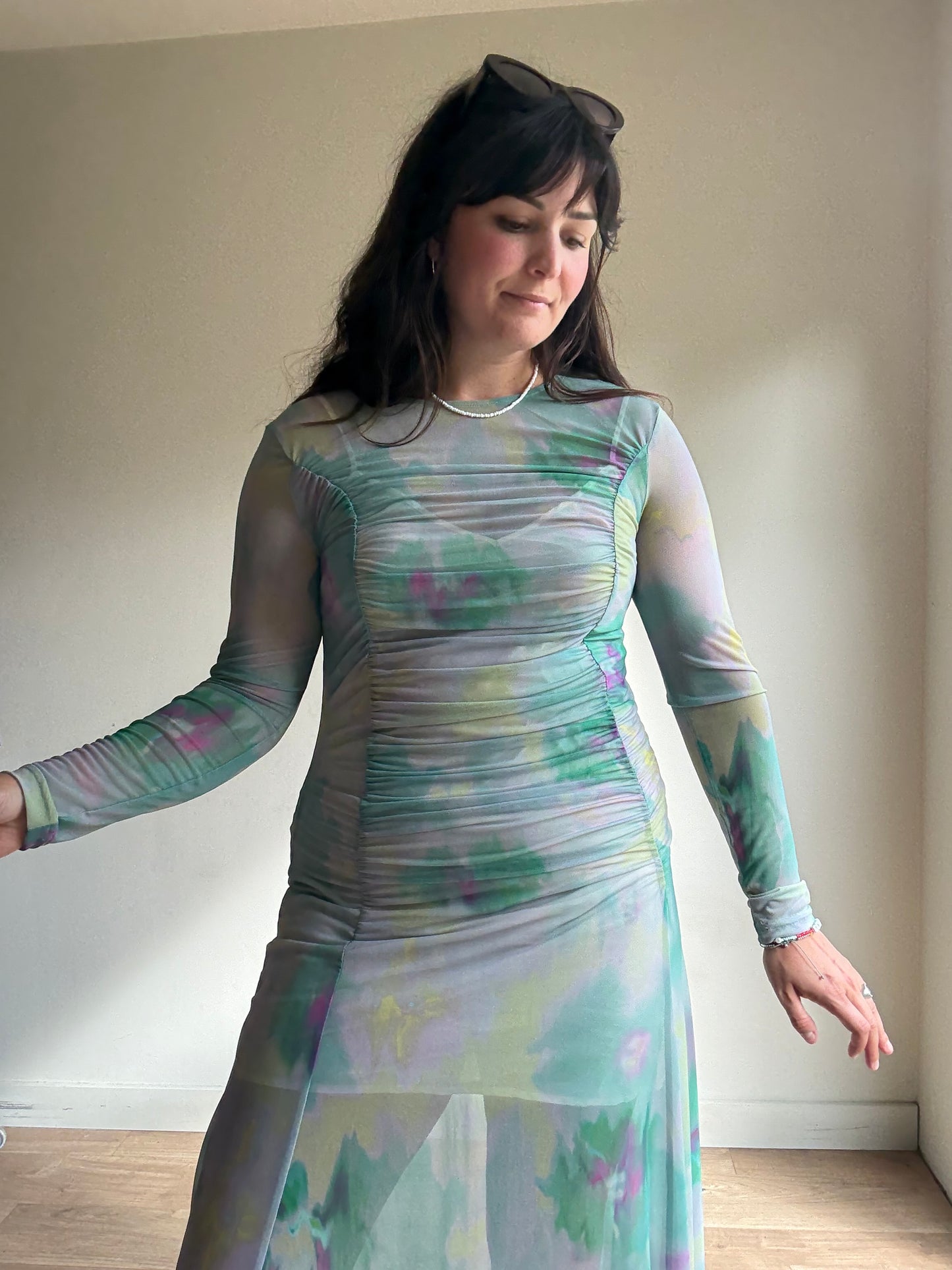 Weekday Sheer Gathered Midi Dress, M