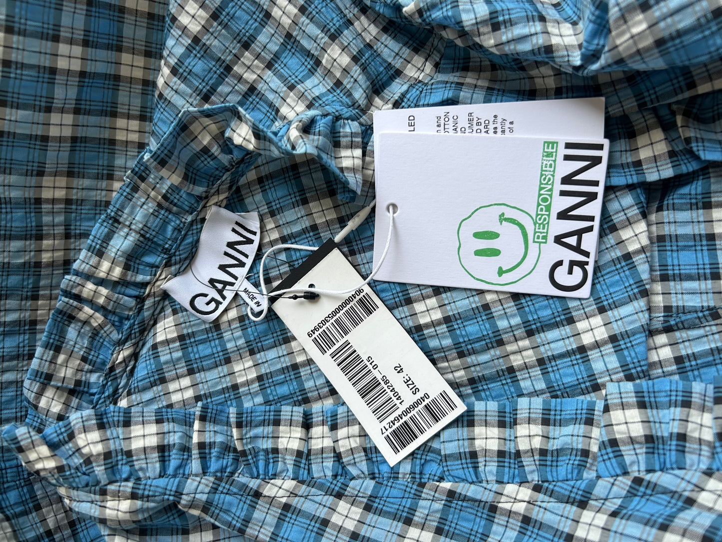 NEW Ganni Blue Check Wrap Dress - Size 42