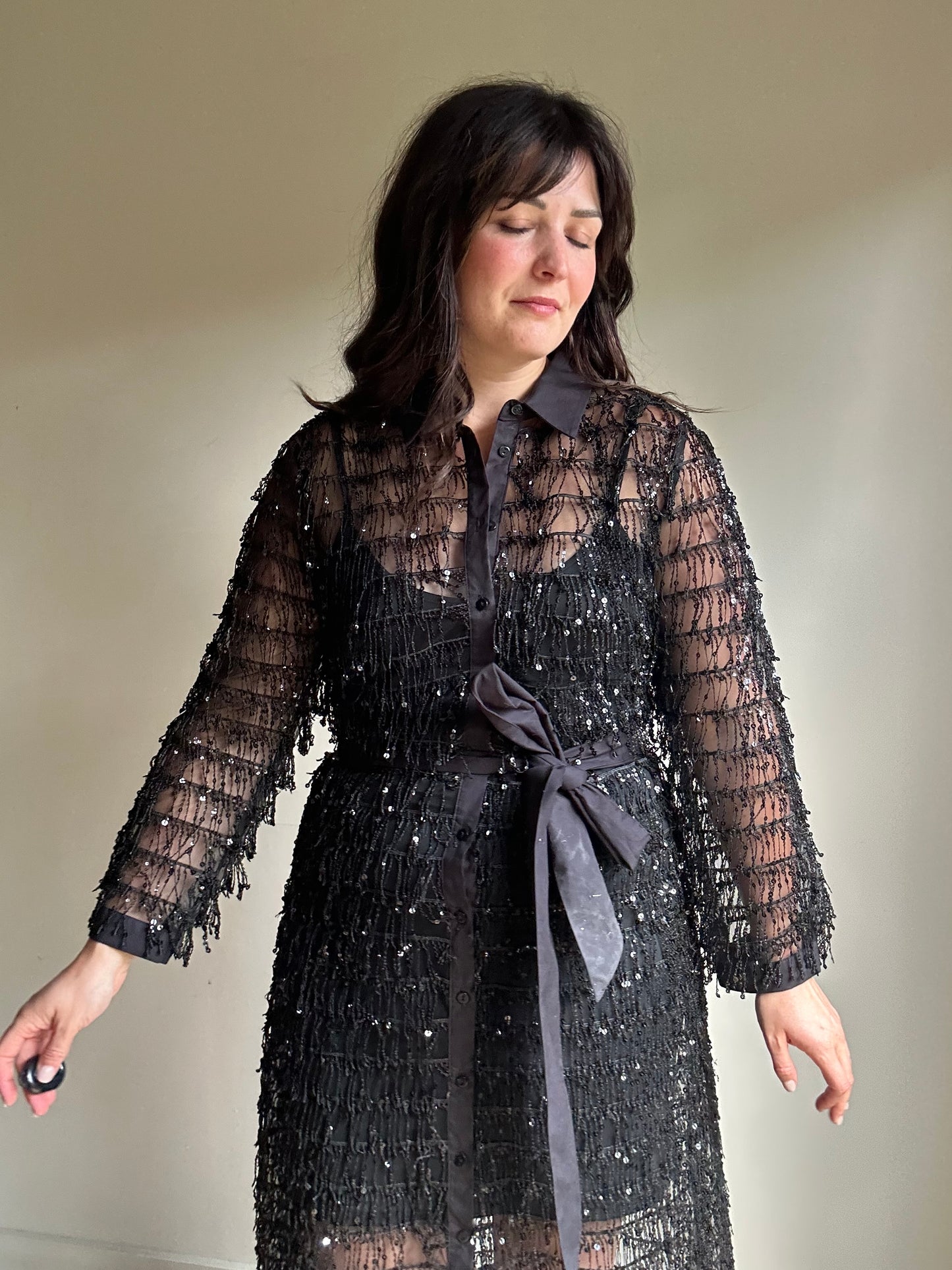 Zara Sequin Fringe Shirt Dress, L