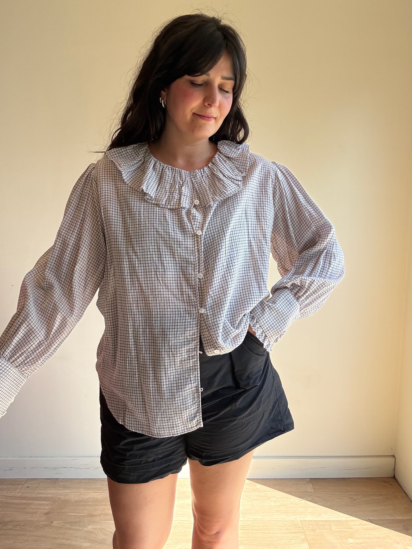 Zara Grid Check Frill Blouse, L