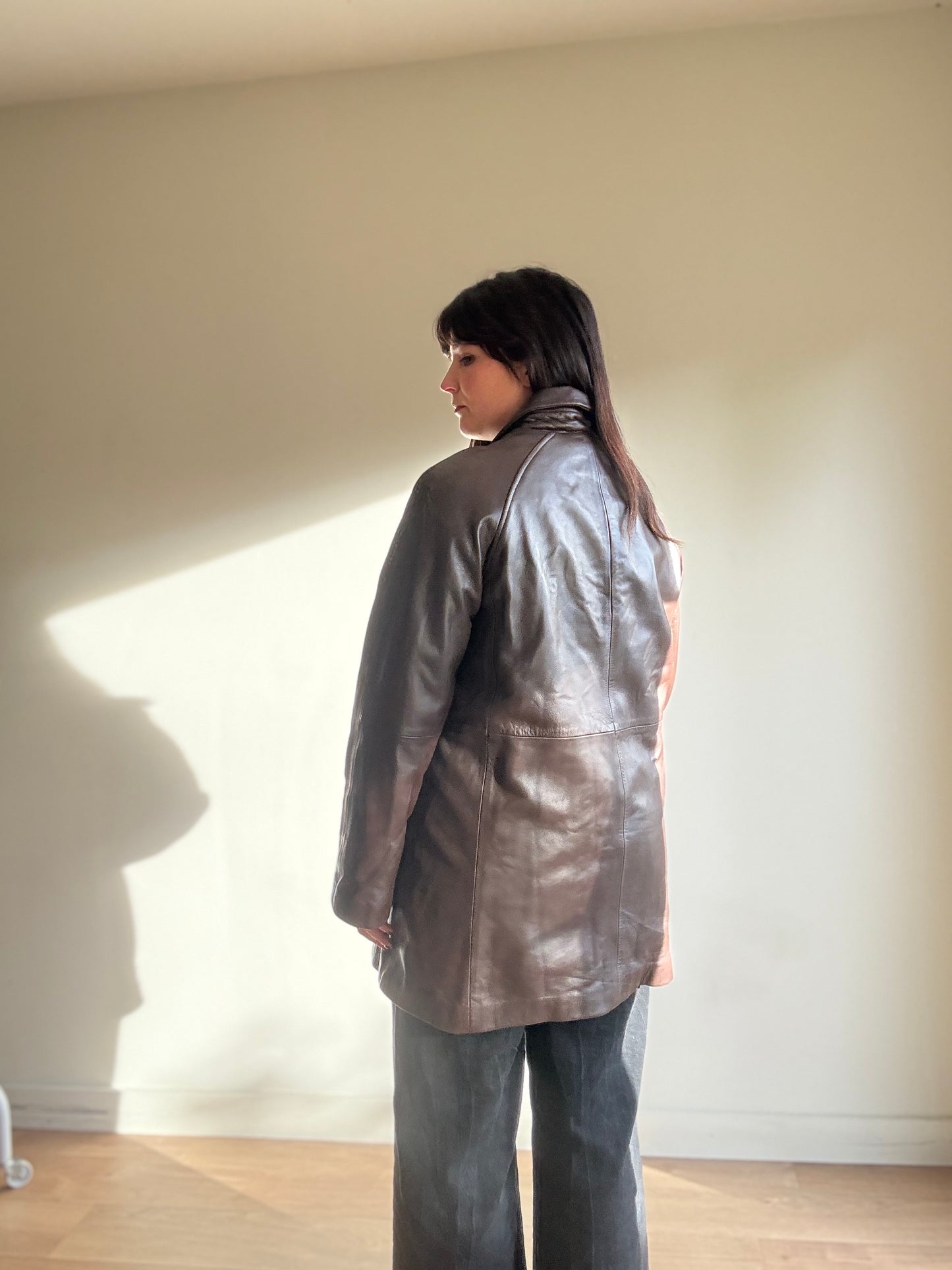 Brown Vintage M&S Butter Soft Leather Long Jacket, 12-14