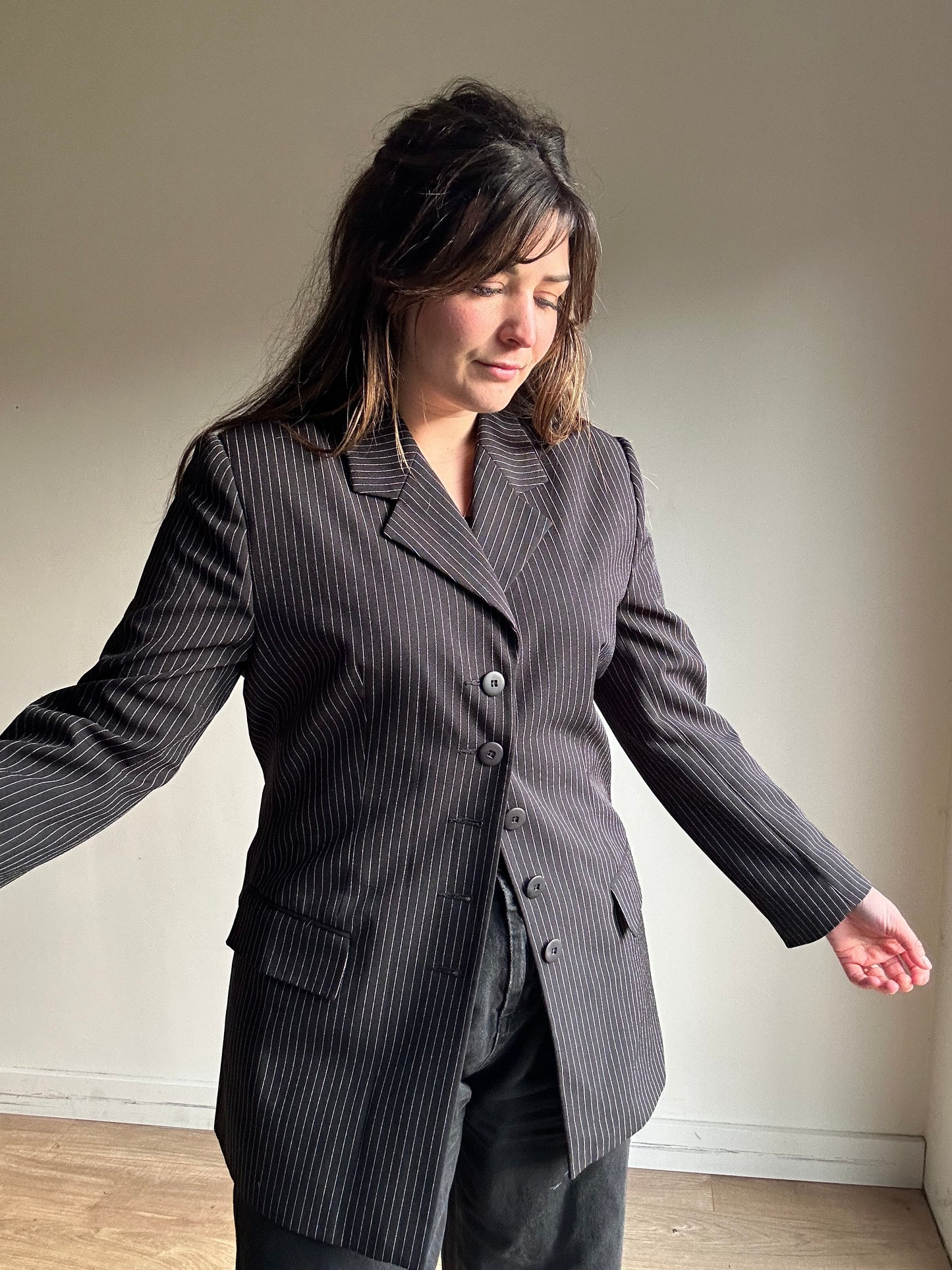 Black Vintage Pinstripe Blazer, 12