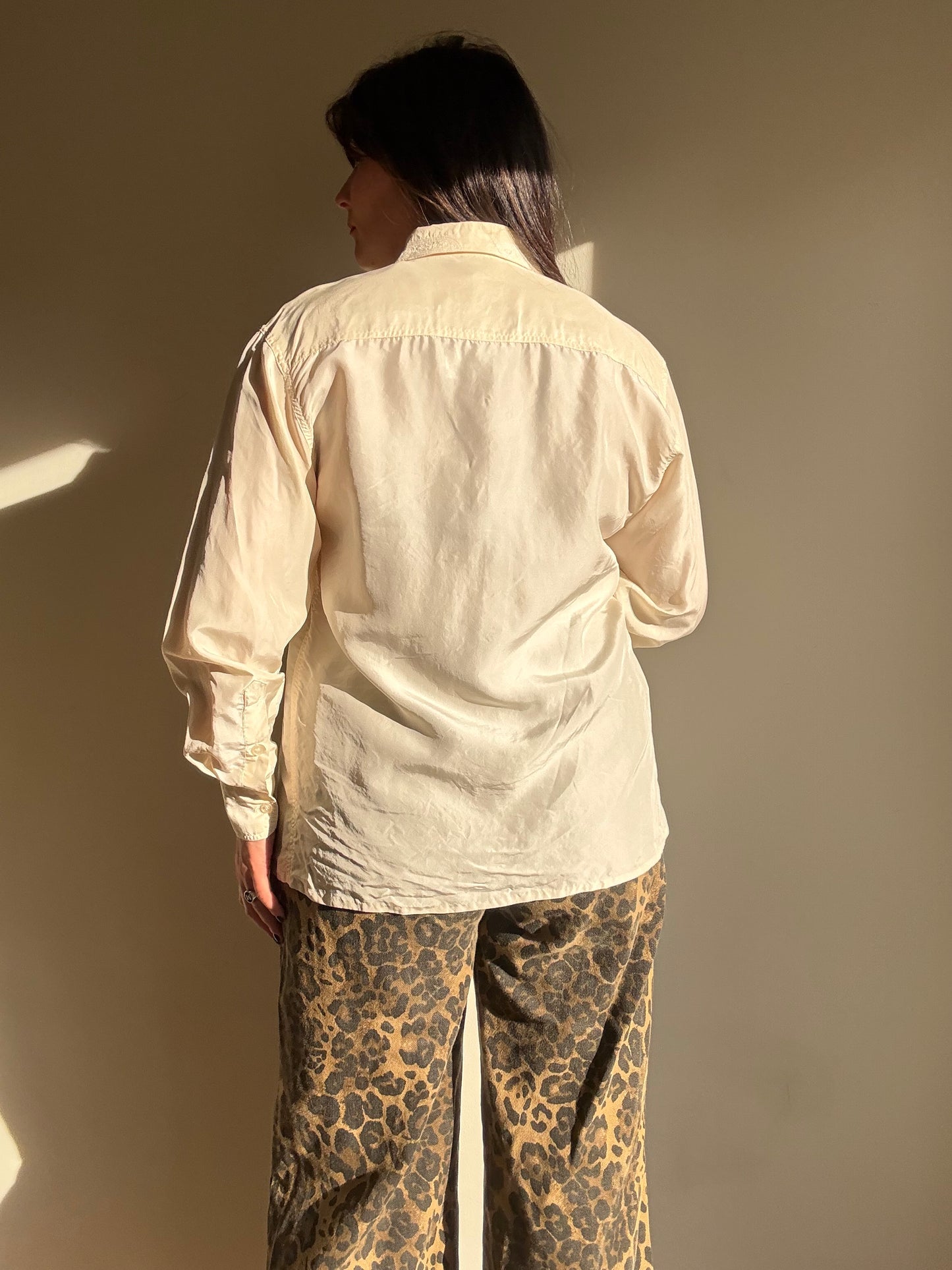 Cream Vintage Pure Silk Embroidered Shirt, M