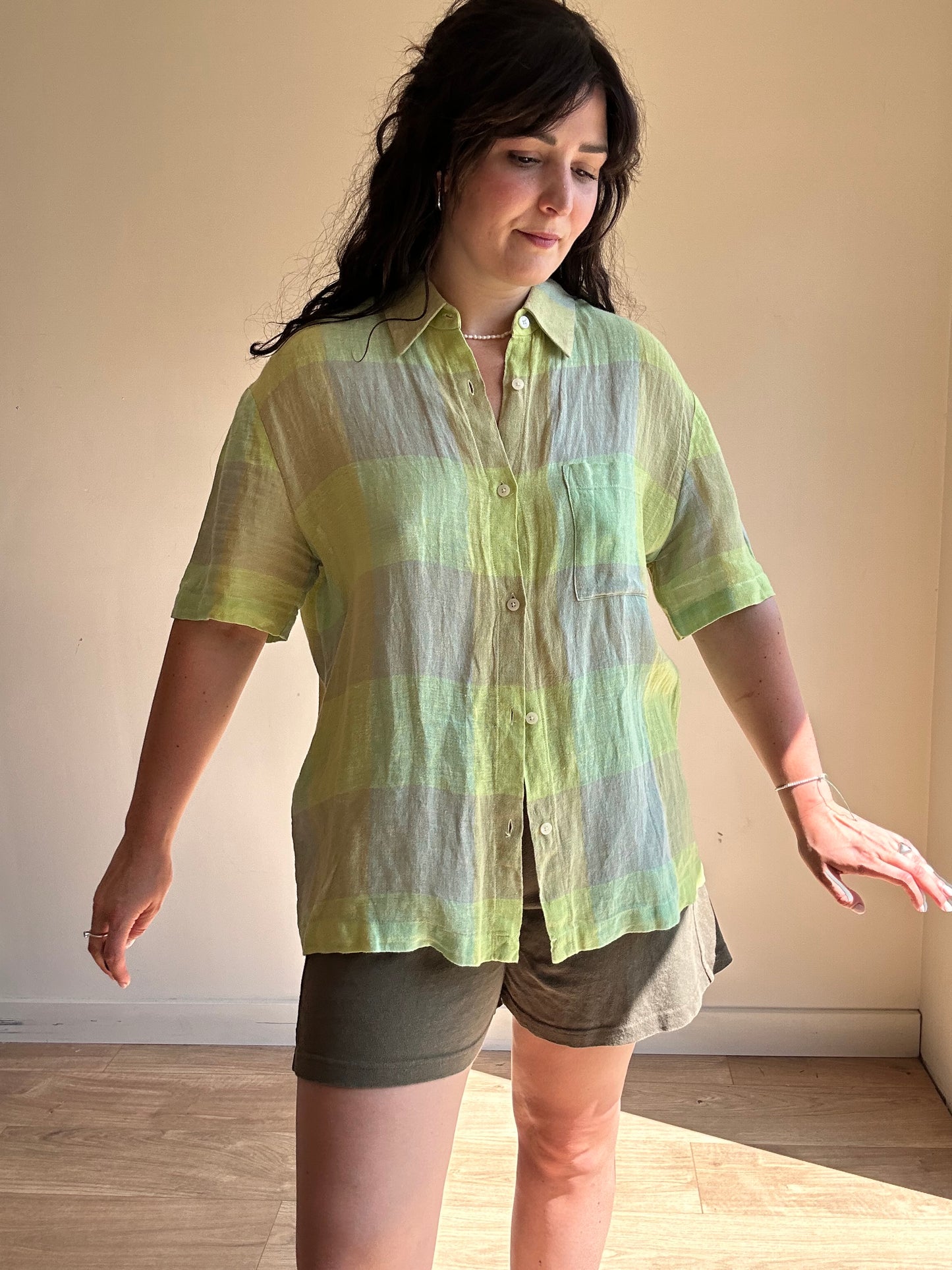 LESET Flora Checked Linen Shirt, M