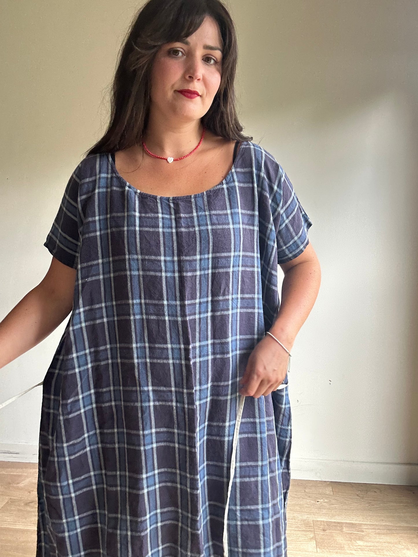 Apuntob Pure Linen Check Dress, L/XL