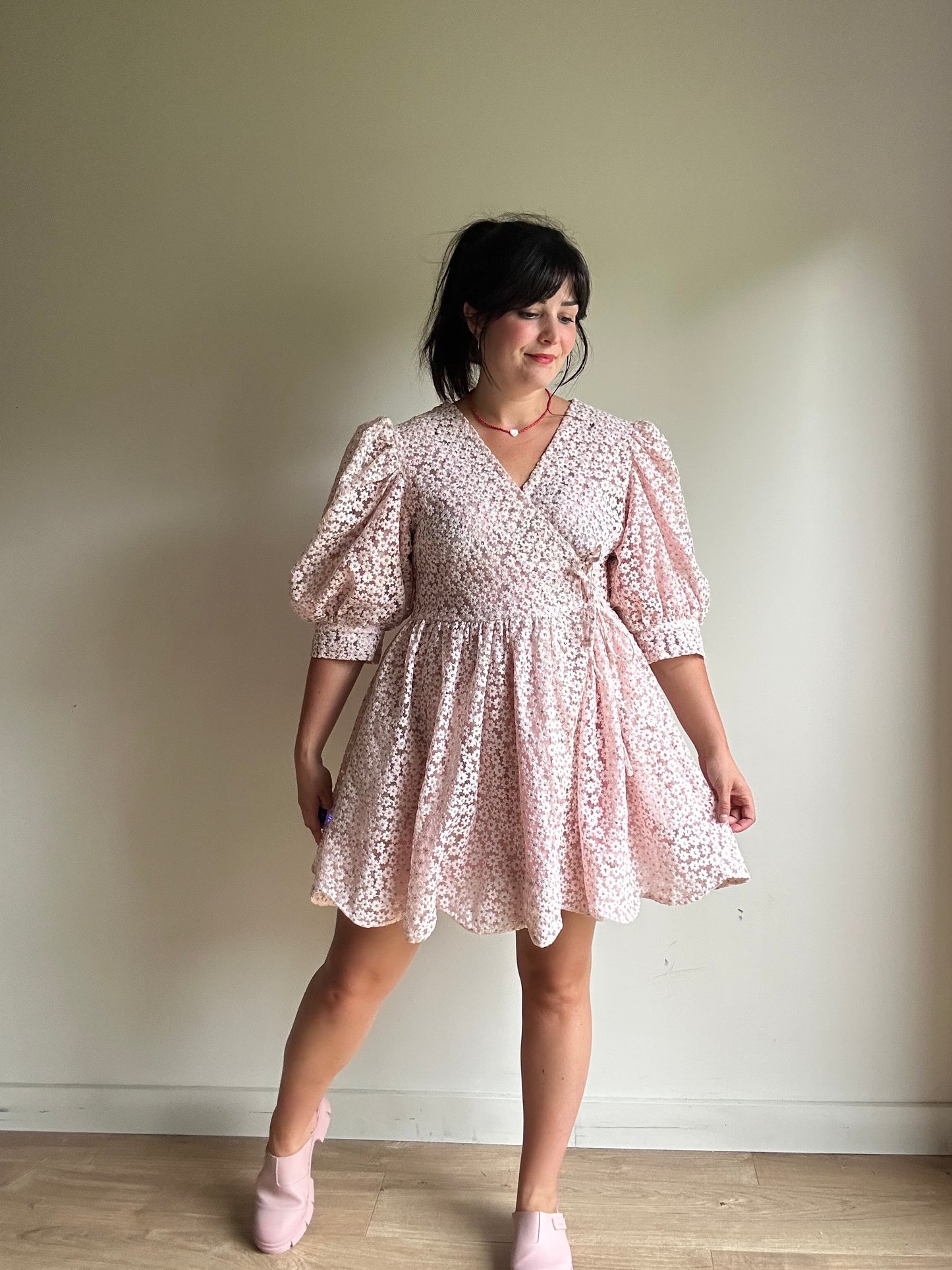 Dream Sister Jane Embroidered Tie Up Mini Dress, L