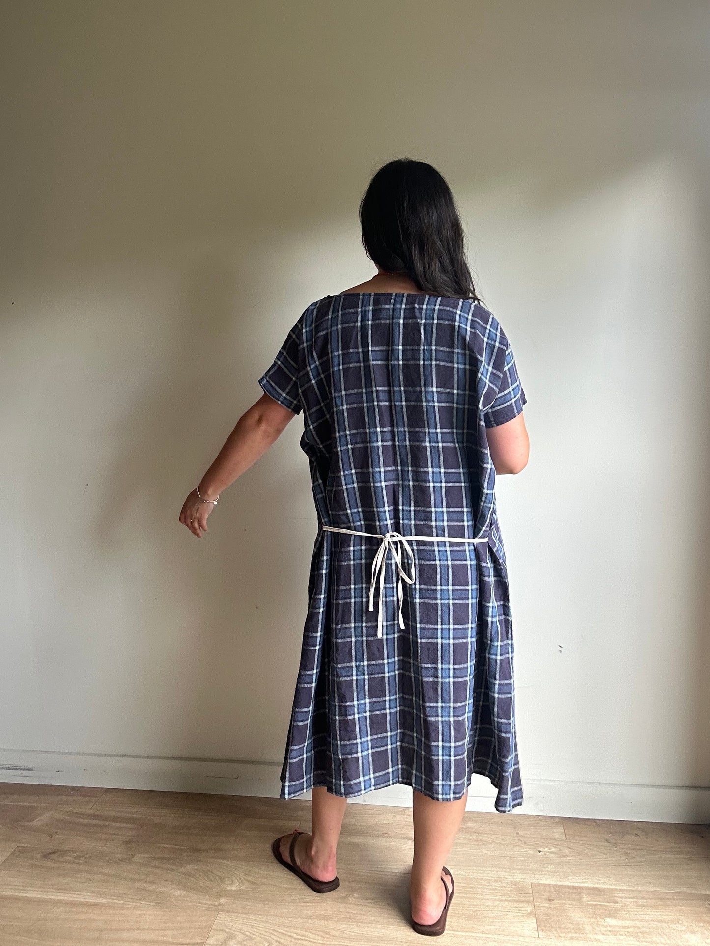 Apuntob Pure Linen Check Dress, L/XL