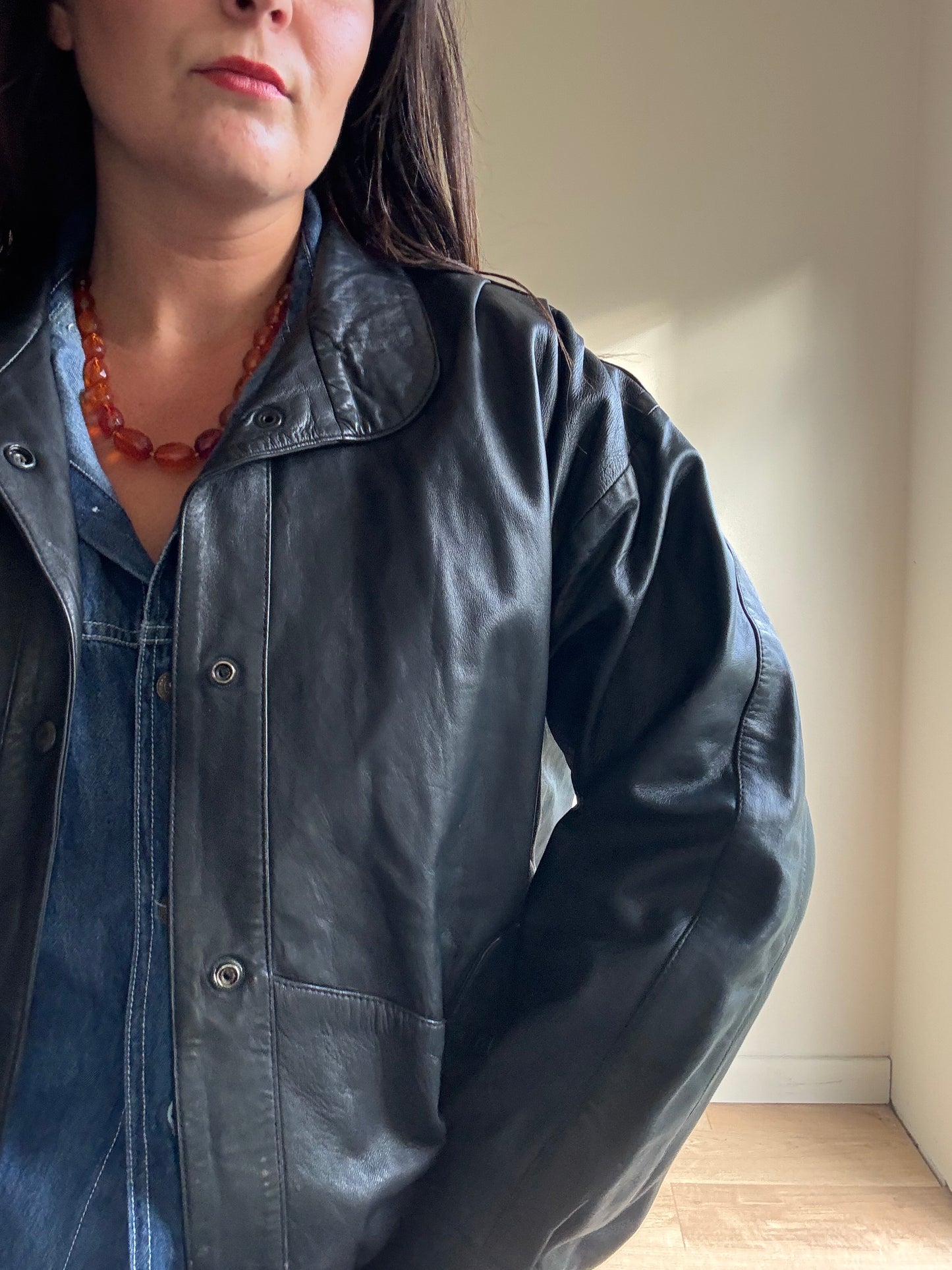 Black Vintage Leather Bomber Jacket, L-XL