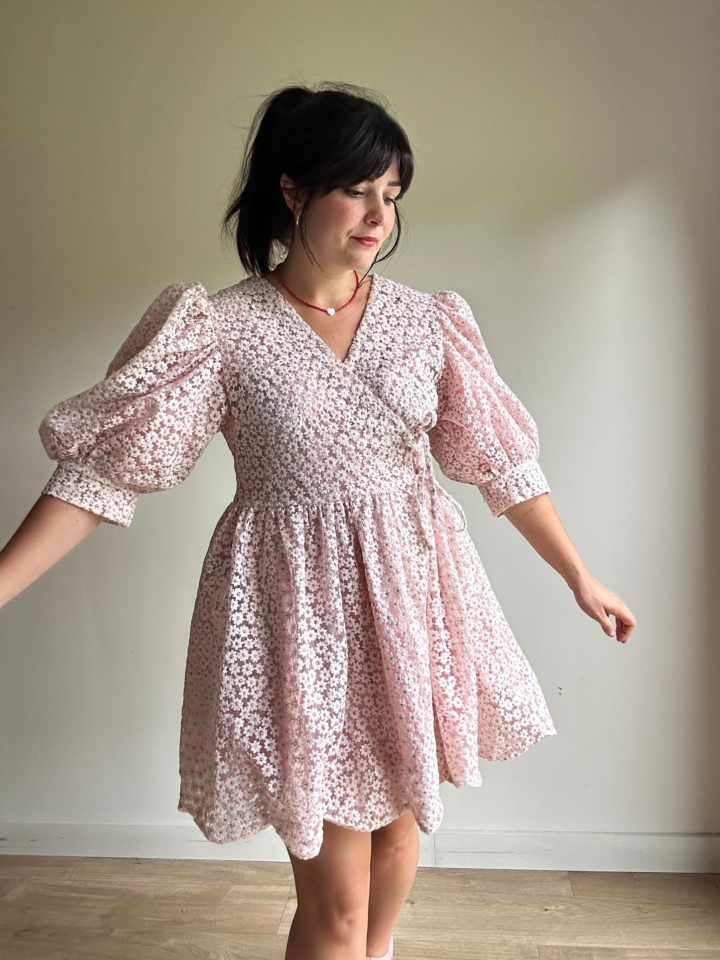Dream Sister Jane Embroidered Tie Up Mini Dress, L