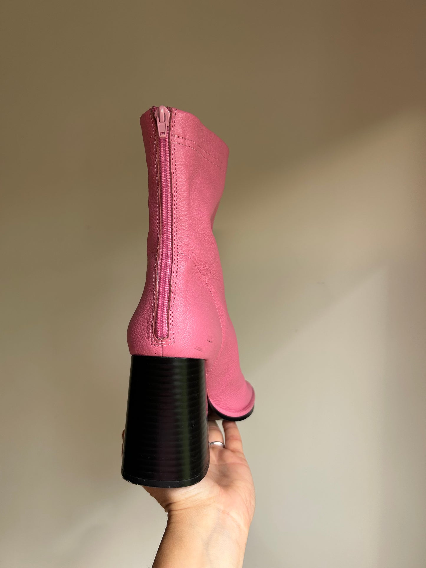 Pink Mango Grained Leather Block Heel Boot, 39
