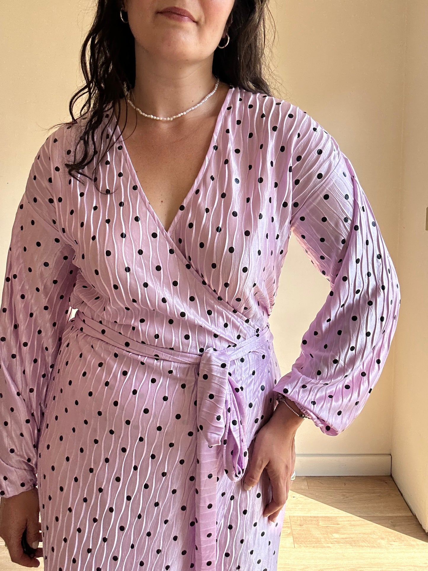 Polka Dot Crinkle Wrap Dress, S/M