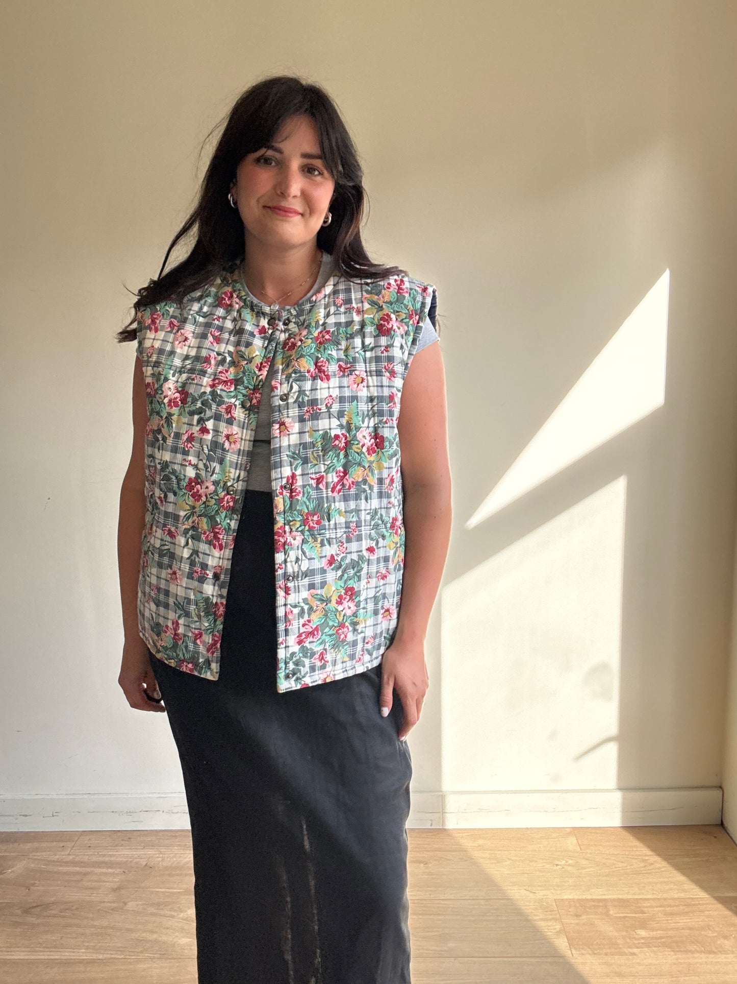 Vintage Floral Quilted Waistcoat Gilet, XL