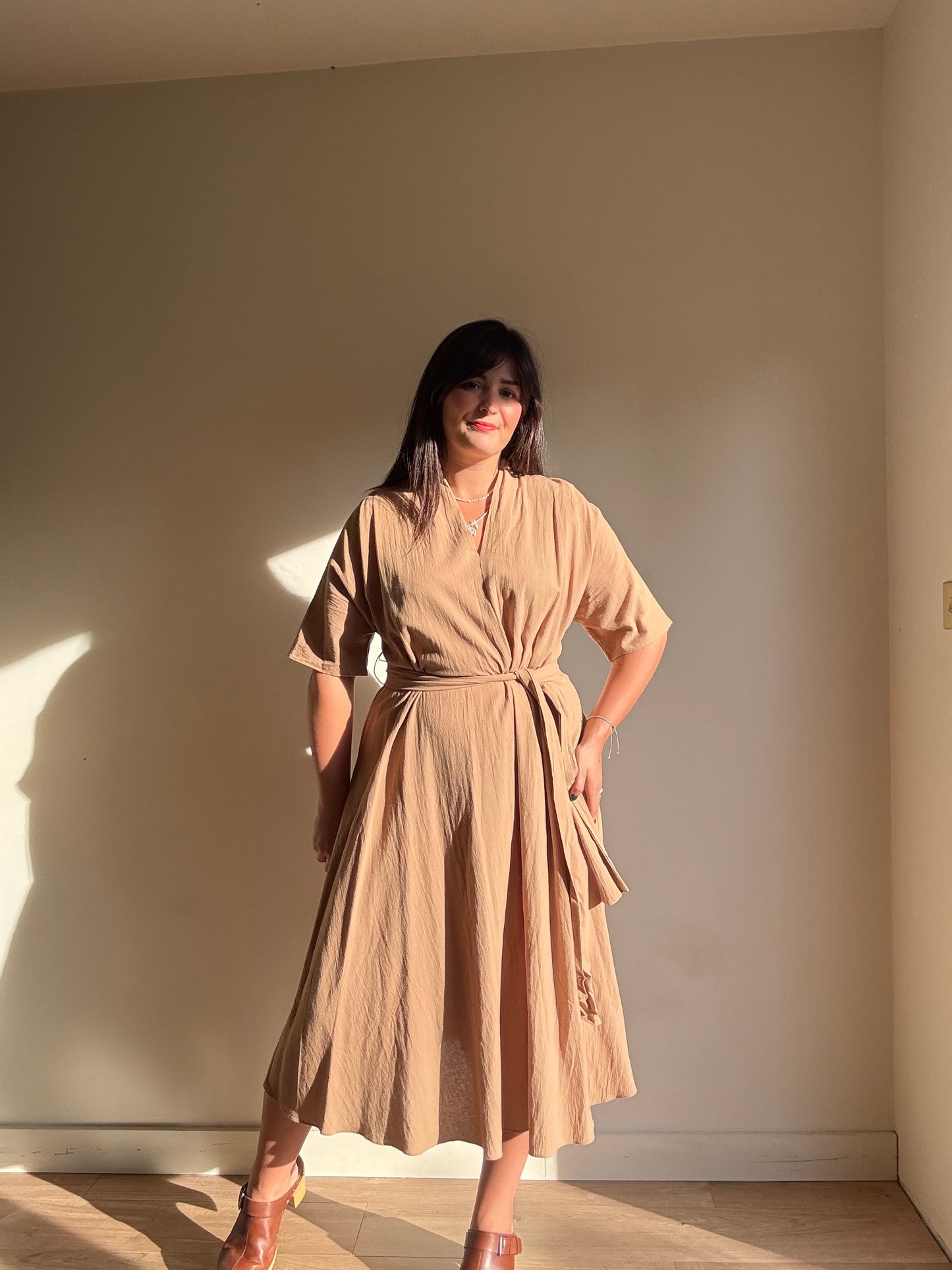 Tan Pure Cotton Belted Dress, M/L
