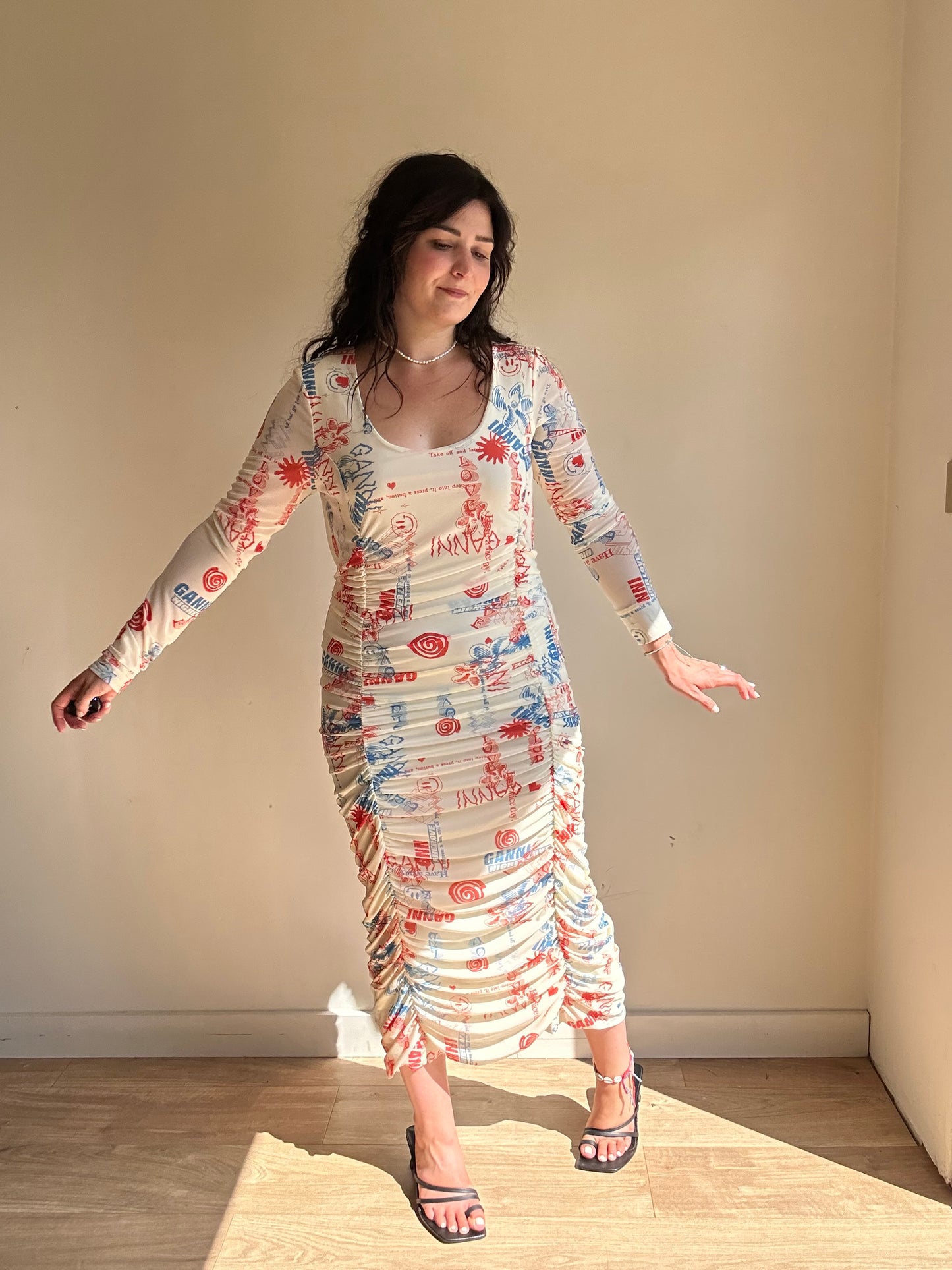 Ganni Graffiti Print Rouched Dress, 44