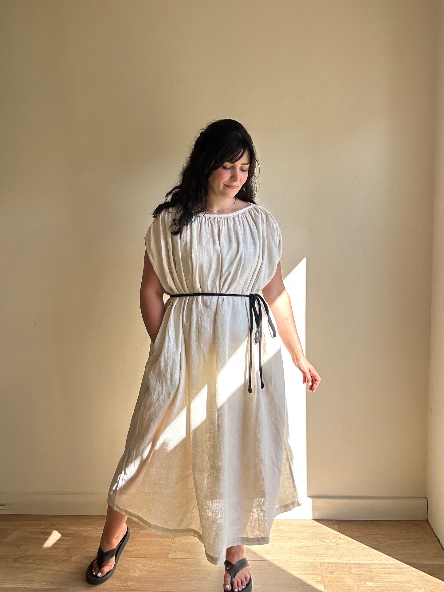 Black Crane Gathered Shoulder Maxi Dress, One Size
