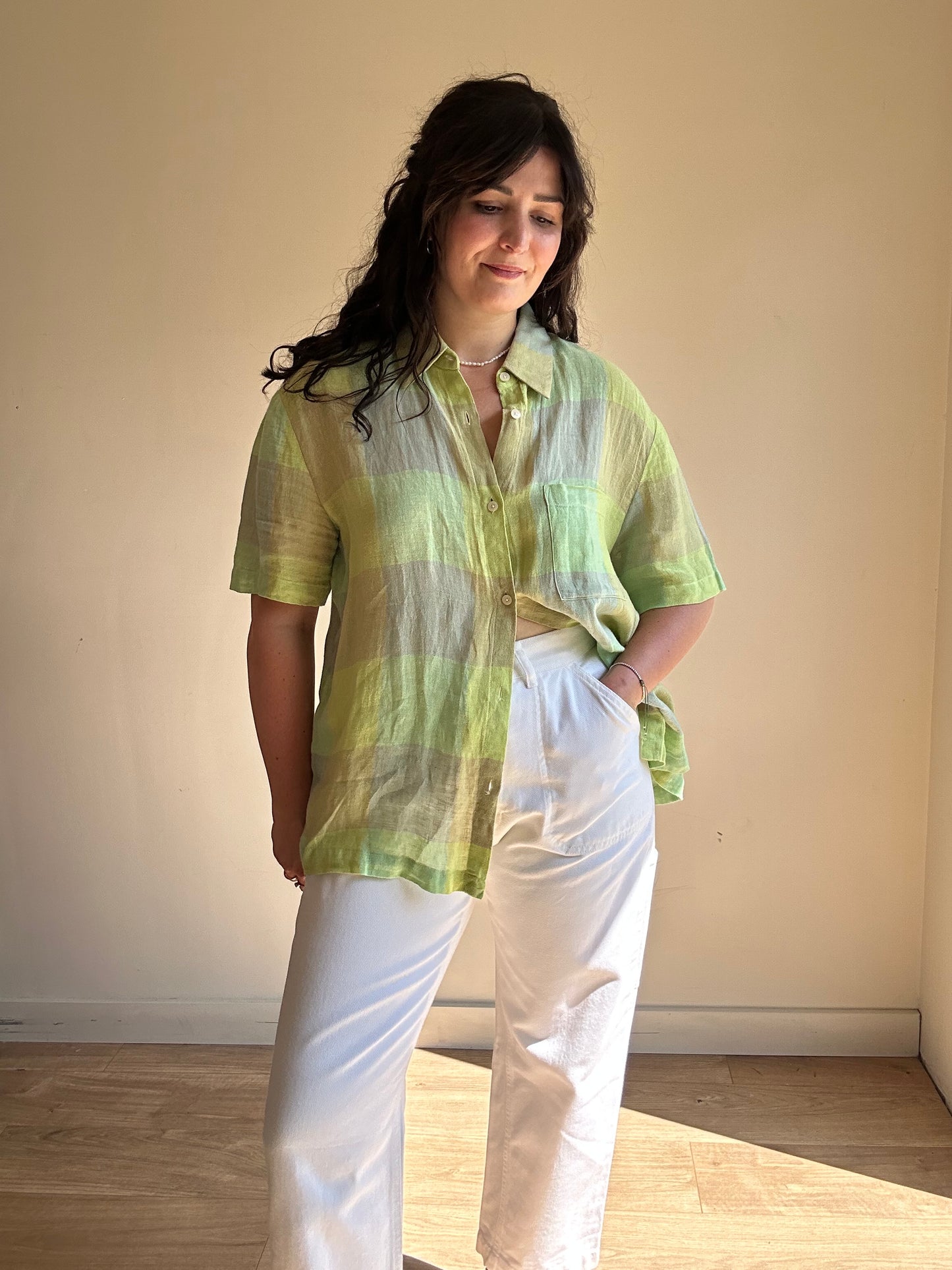 LESET Flora Checked Linen Shirt, M