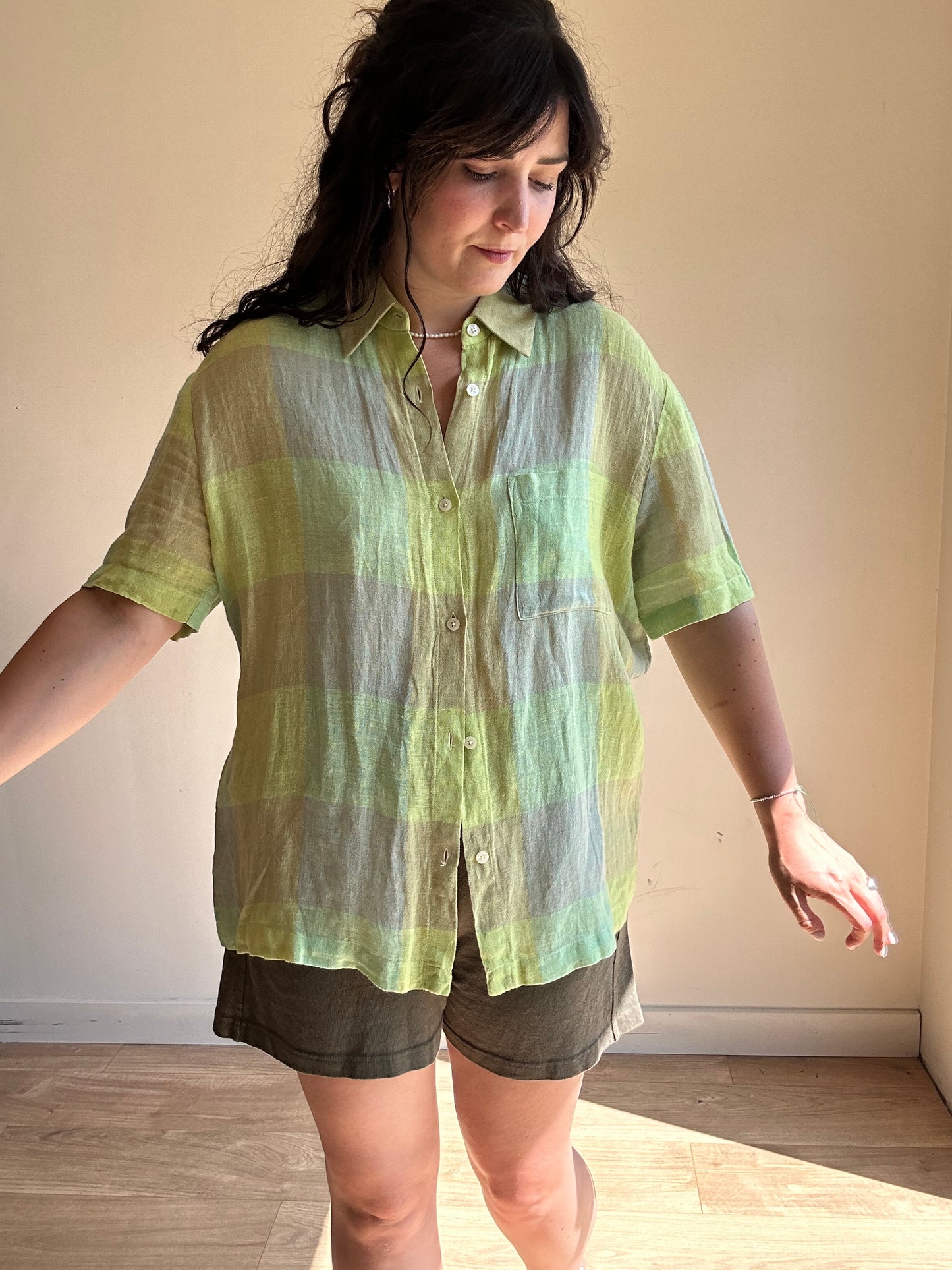 LESET Flora Checked Linen Shirt, M