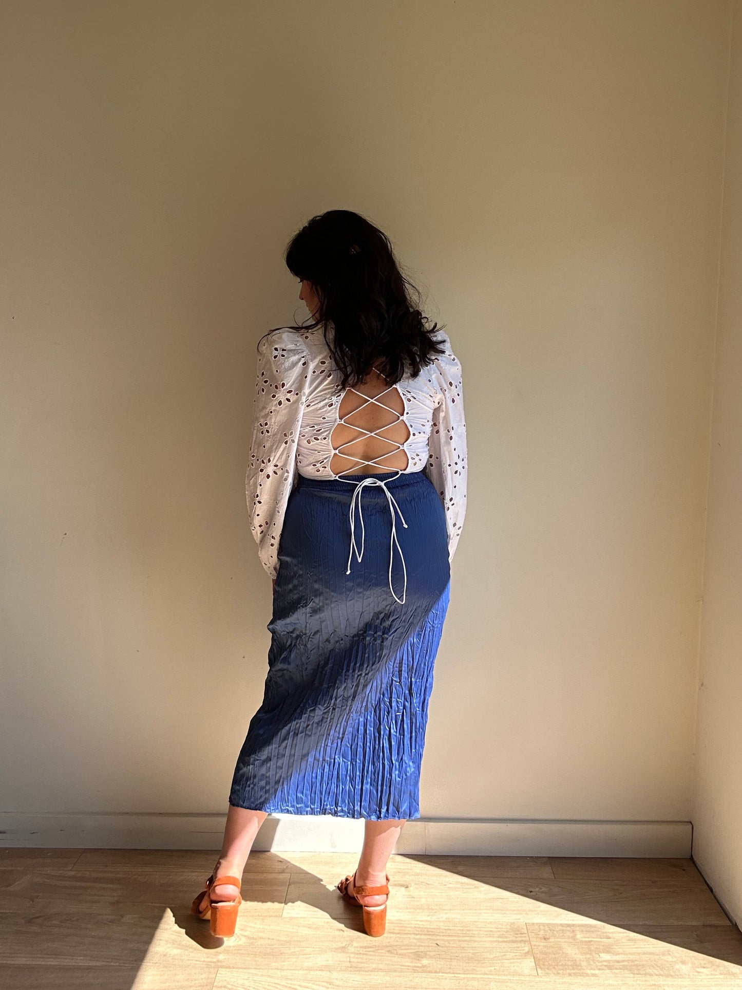 Blue Zara NEW Satin Crinkle Midi Skirt, M