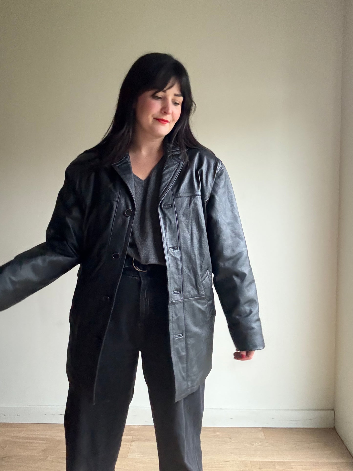 Vintage Leather Longline Padded Jacket, S-M