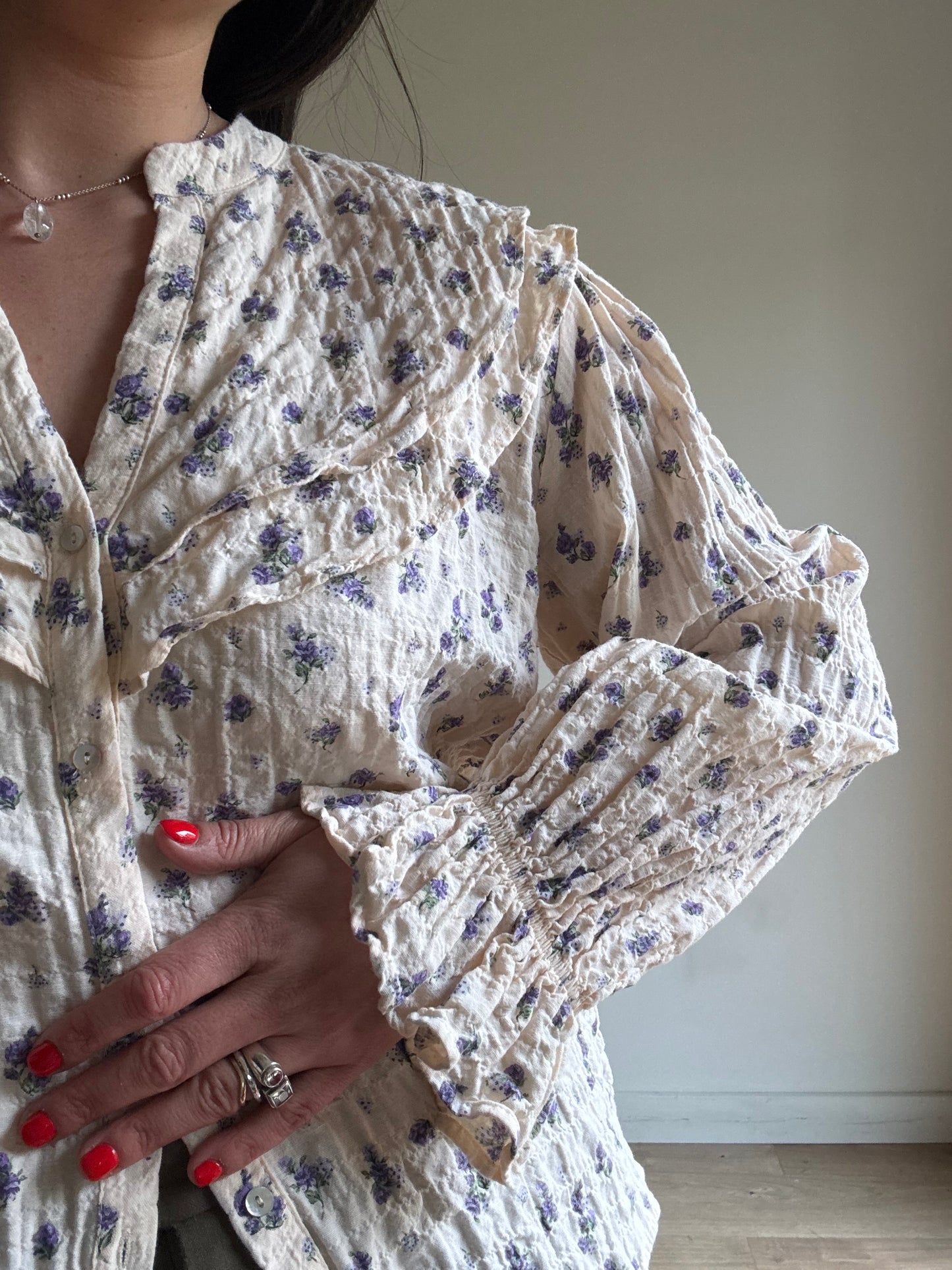 Cream Zara Floral Cotton Collared Blouse, XL