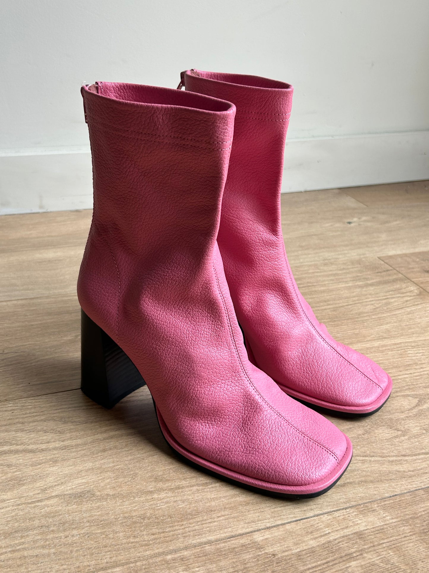 Pink Mango Grained Leather Block Heel Boot, 39