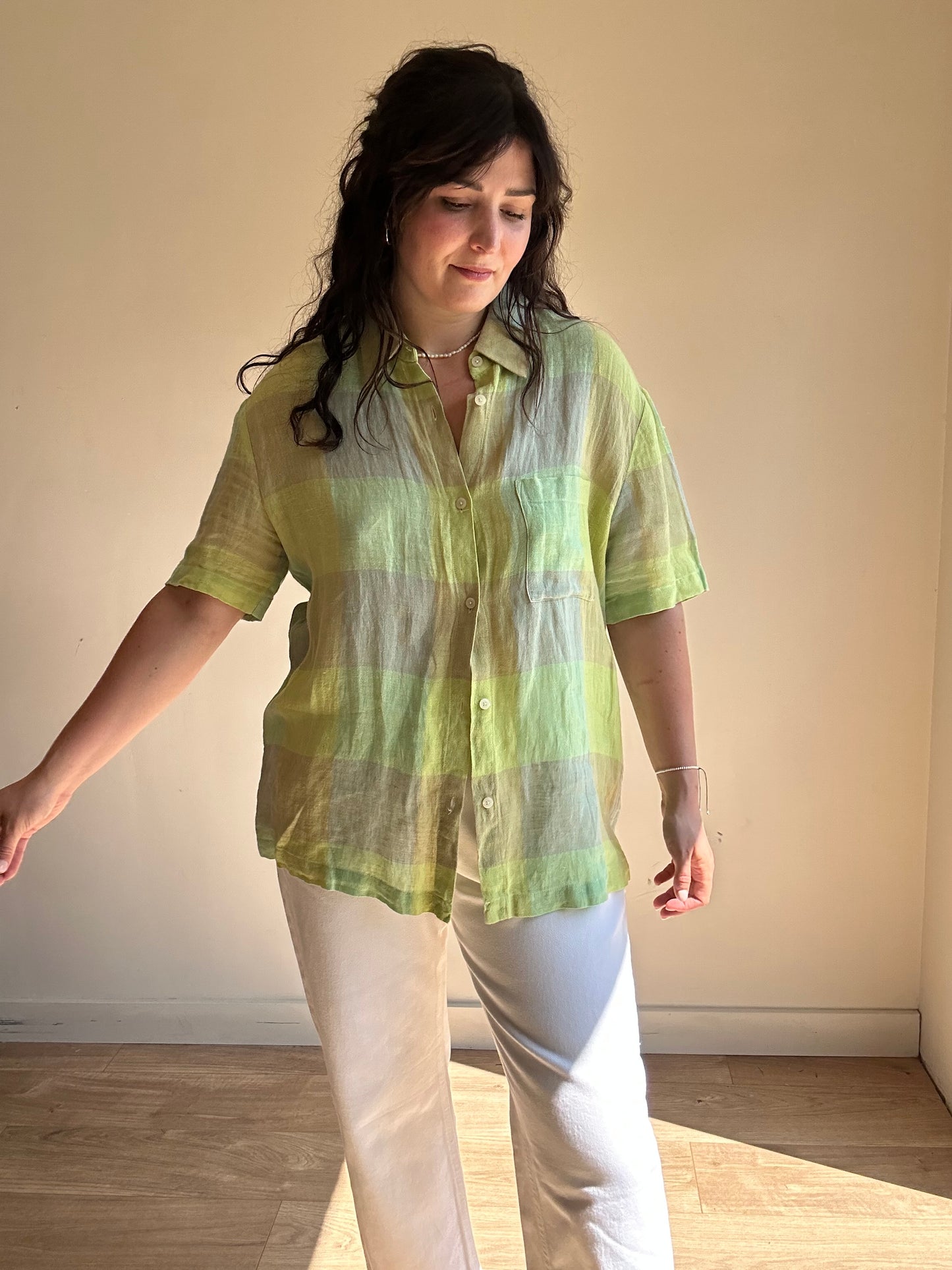 LESET Flora Checked Linen Shirt, M