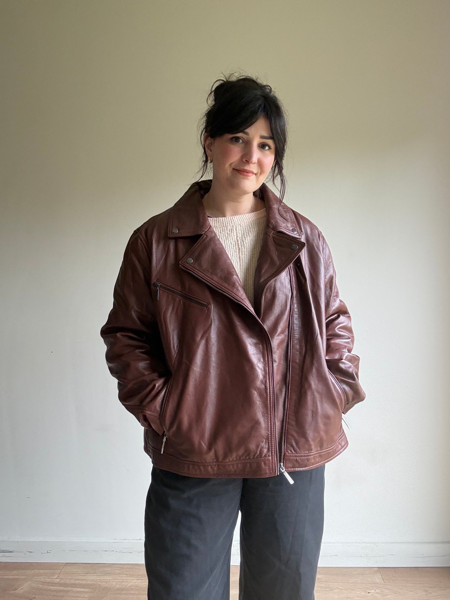 Genuine Leather Biker Bomber Jacket, XL