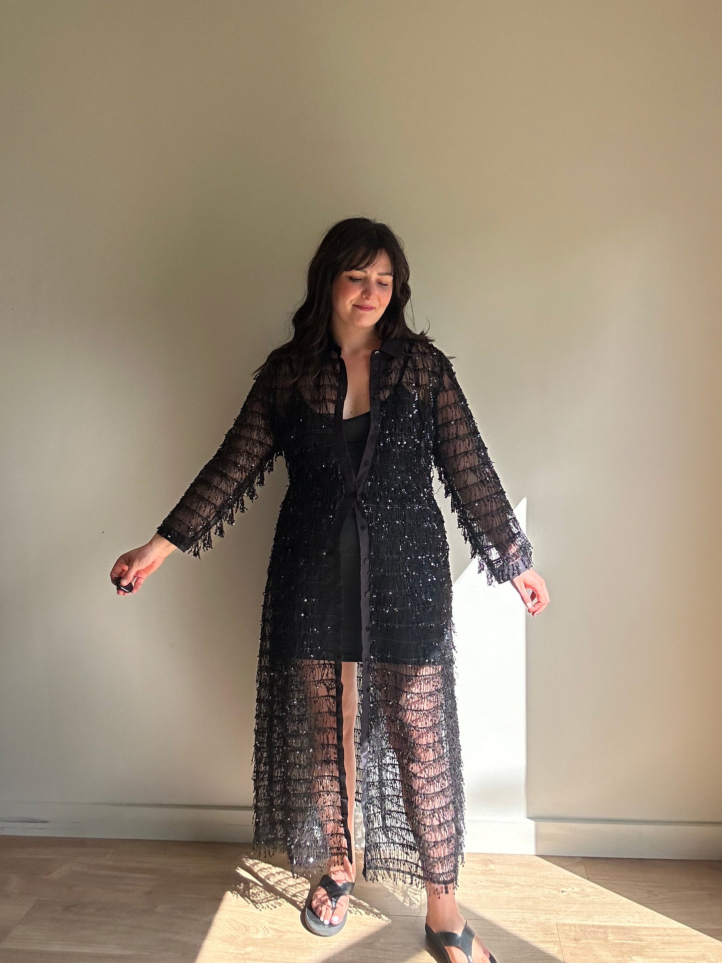 Zara Sequin Fringe Shirt Dress, L