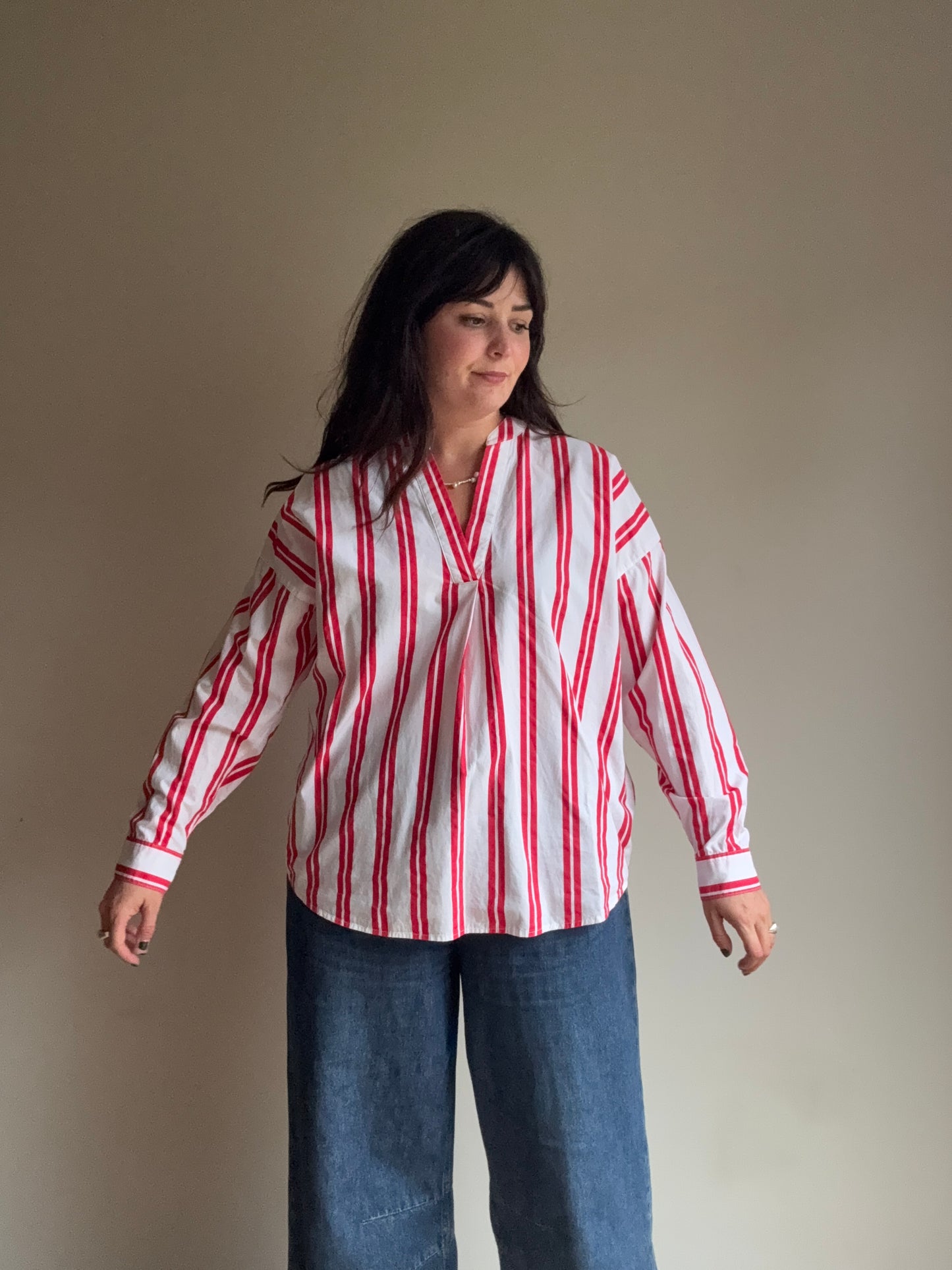 Red Stripe Cotton Blouse, M-L