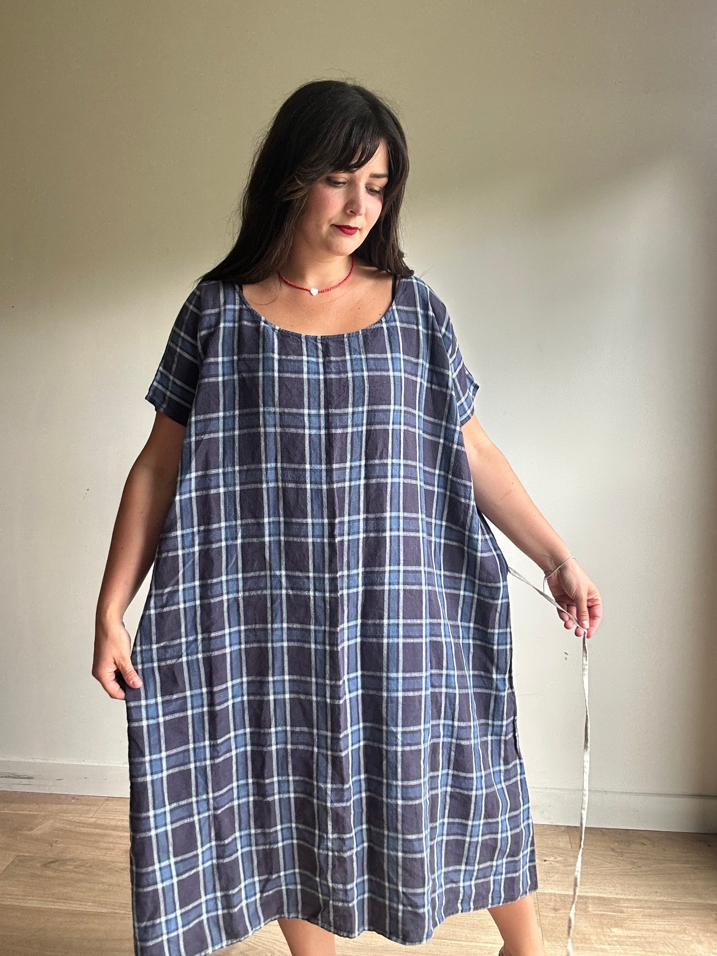 Apuntob Pure Linen Check Dress, L/XL