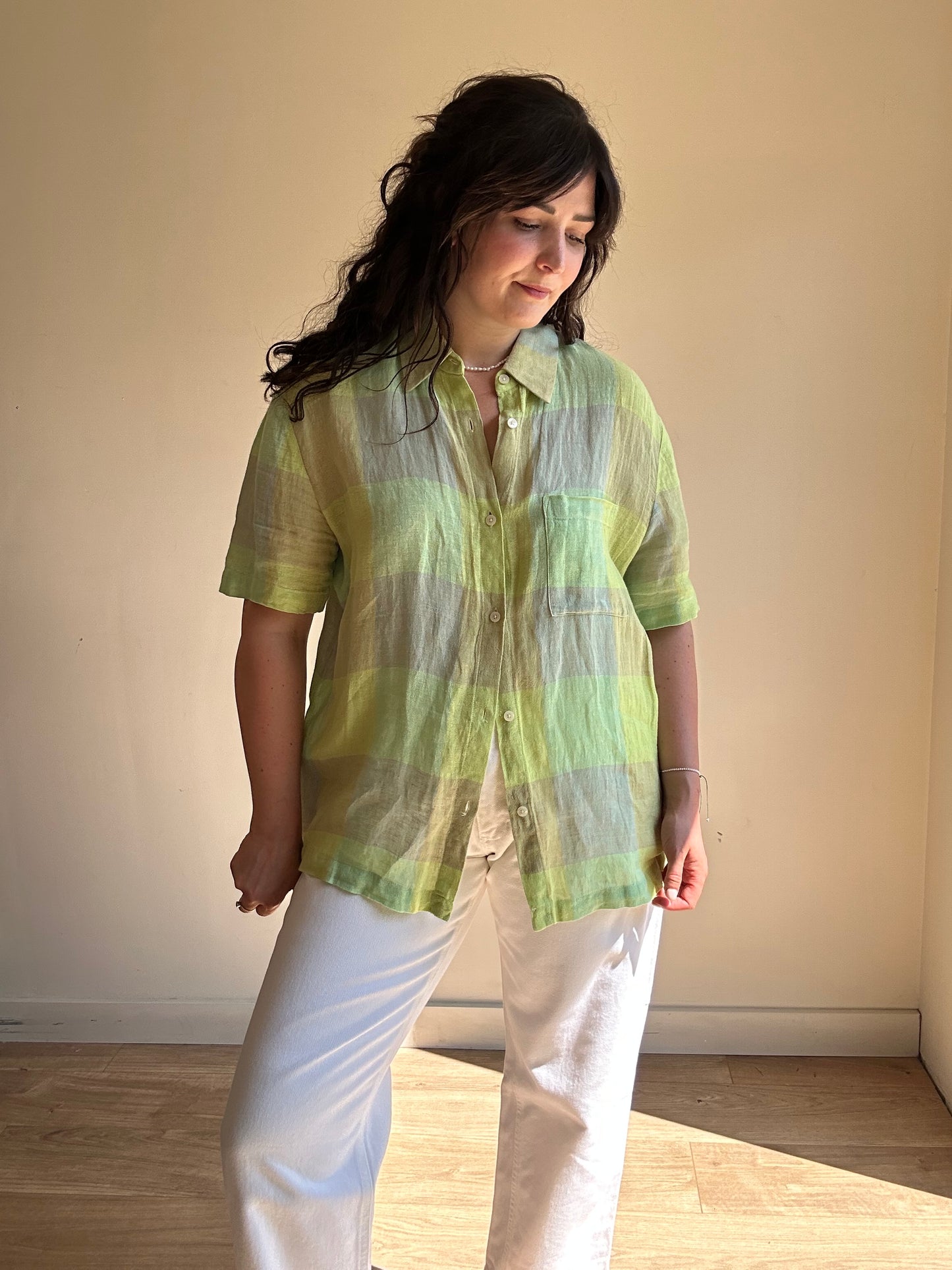LESET Flora Checked Linen Shirt, M