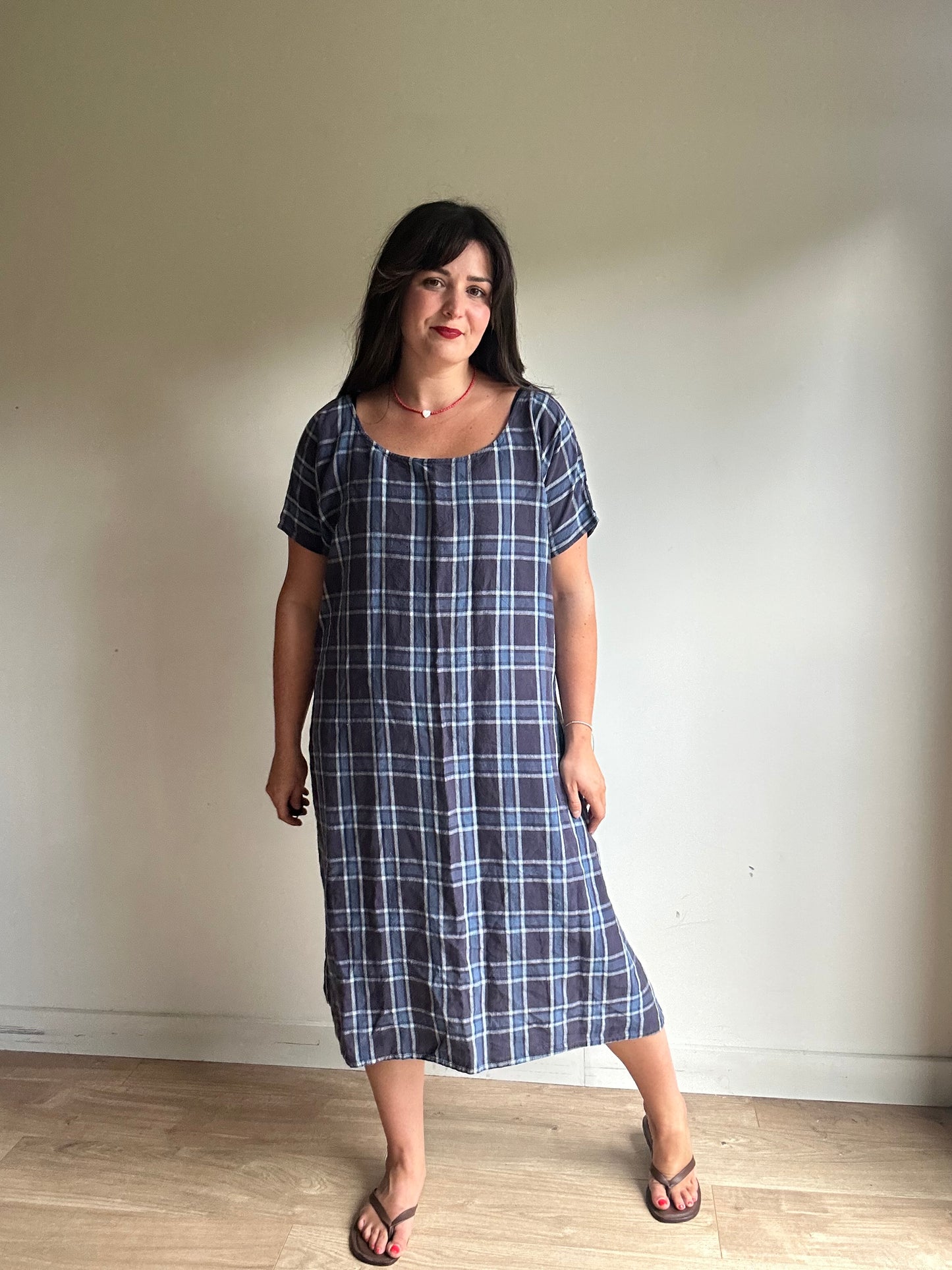 Apuntob Pure Linen Check Dress, L/XL