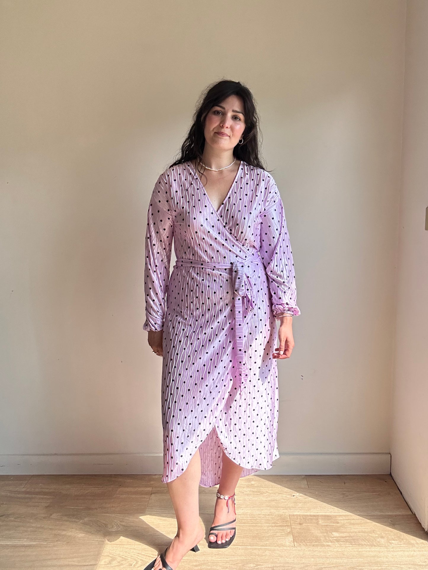 Polka Dot Crinkle Wrap Dress, S/M