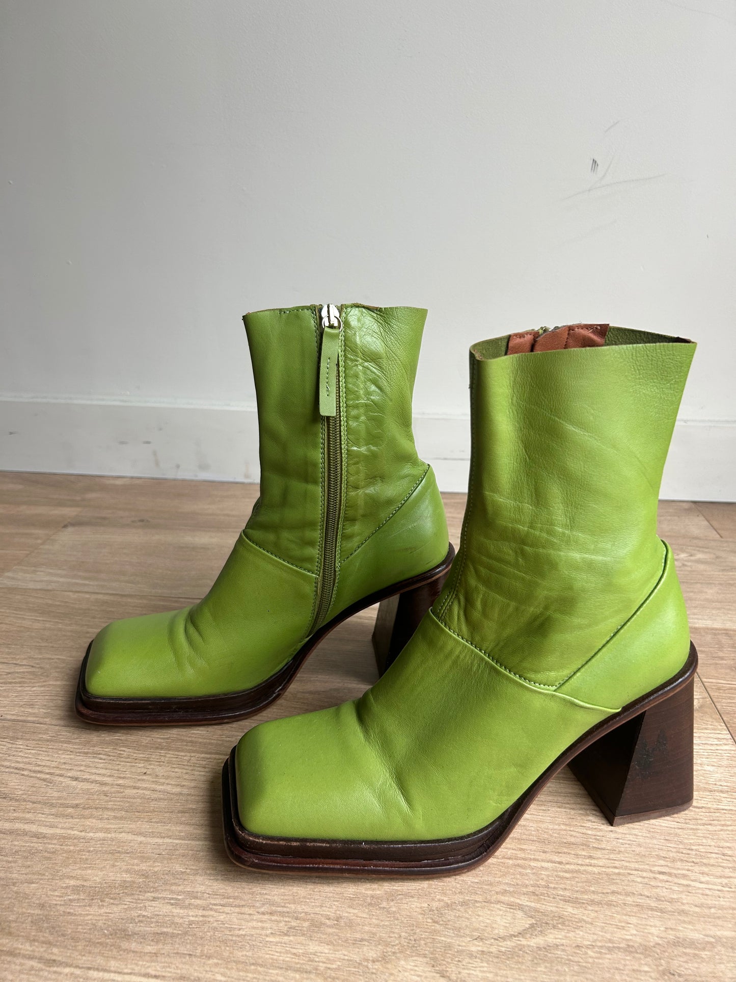 Green Asos Leather Square Toe Boots, 7
