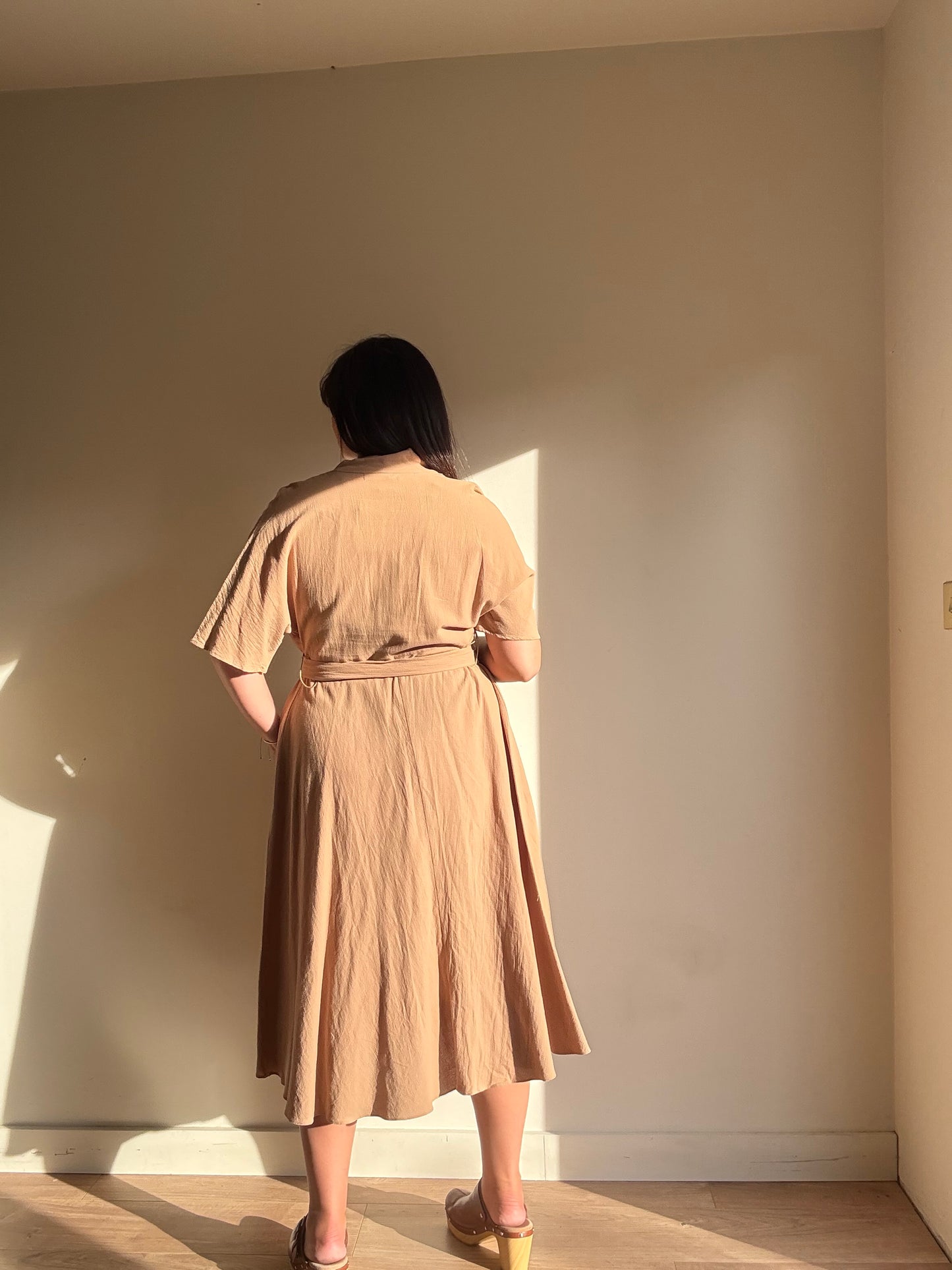 Tan Pure Cotton Belted Dress, M/L