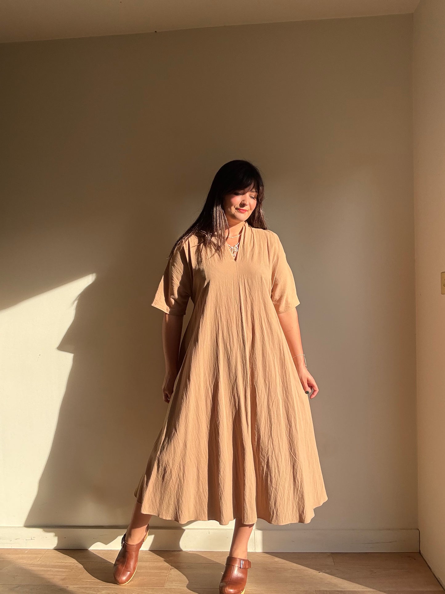 Tan Pure Cotton Belted Dress, M/L
