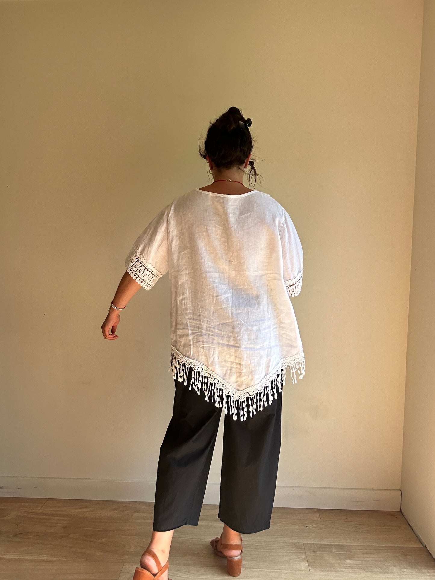 Pure Linen Embroidered Fringe Top, L-XXL