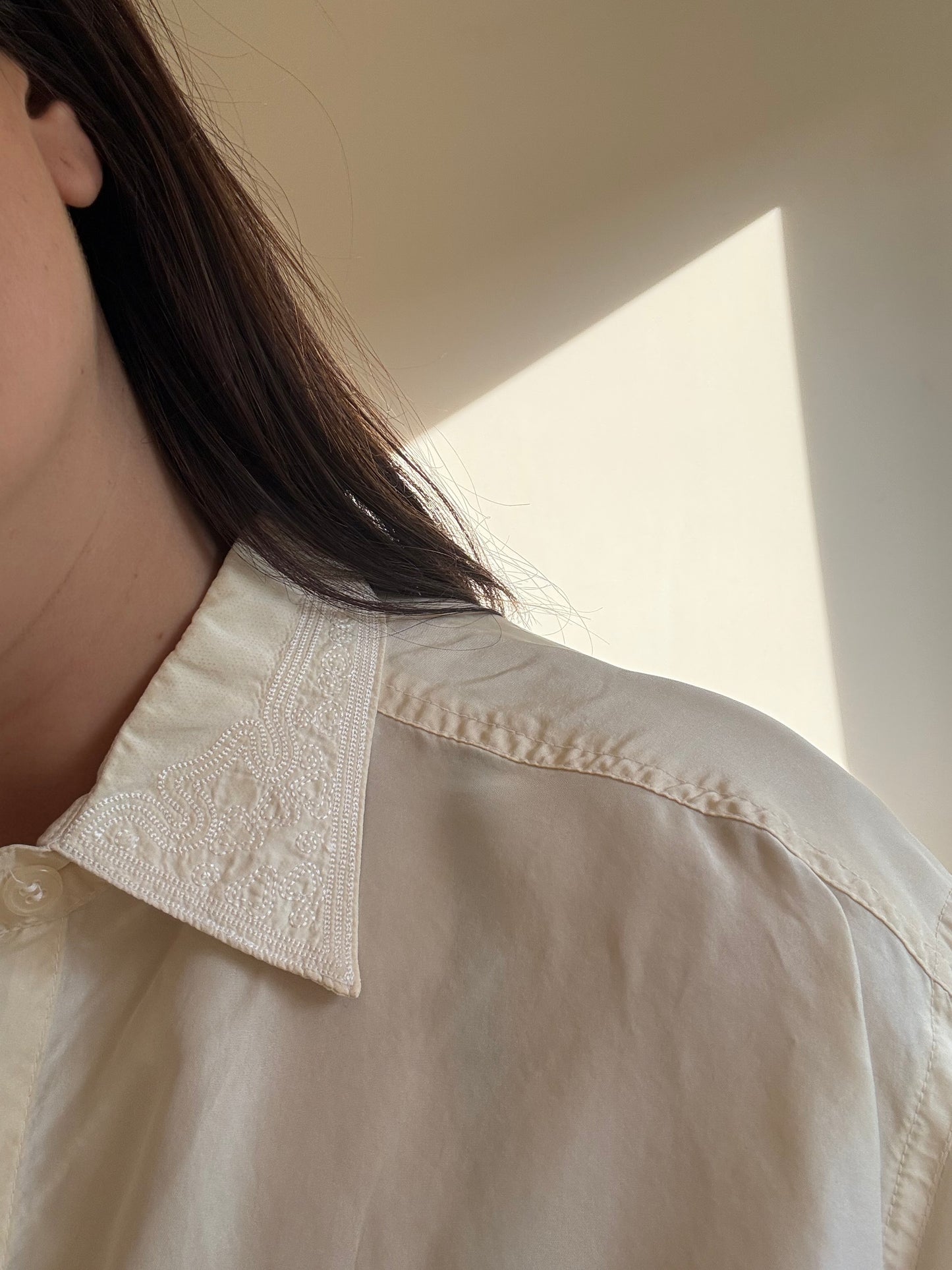 Cream Vintage Pure Silk Embroidered Shirt, M