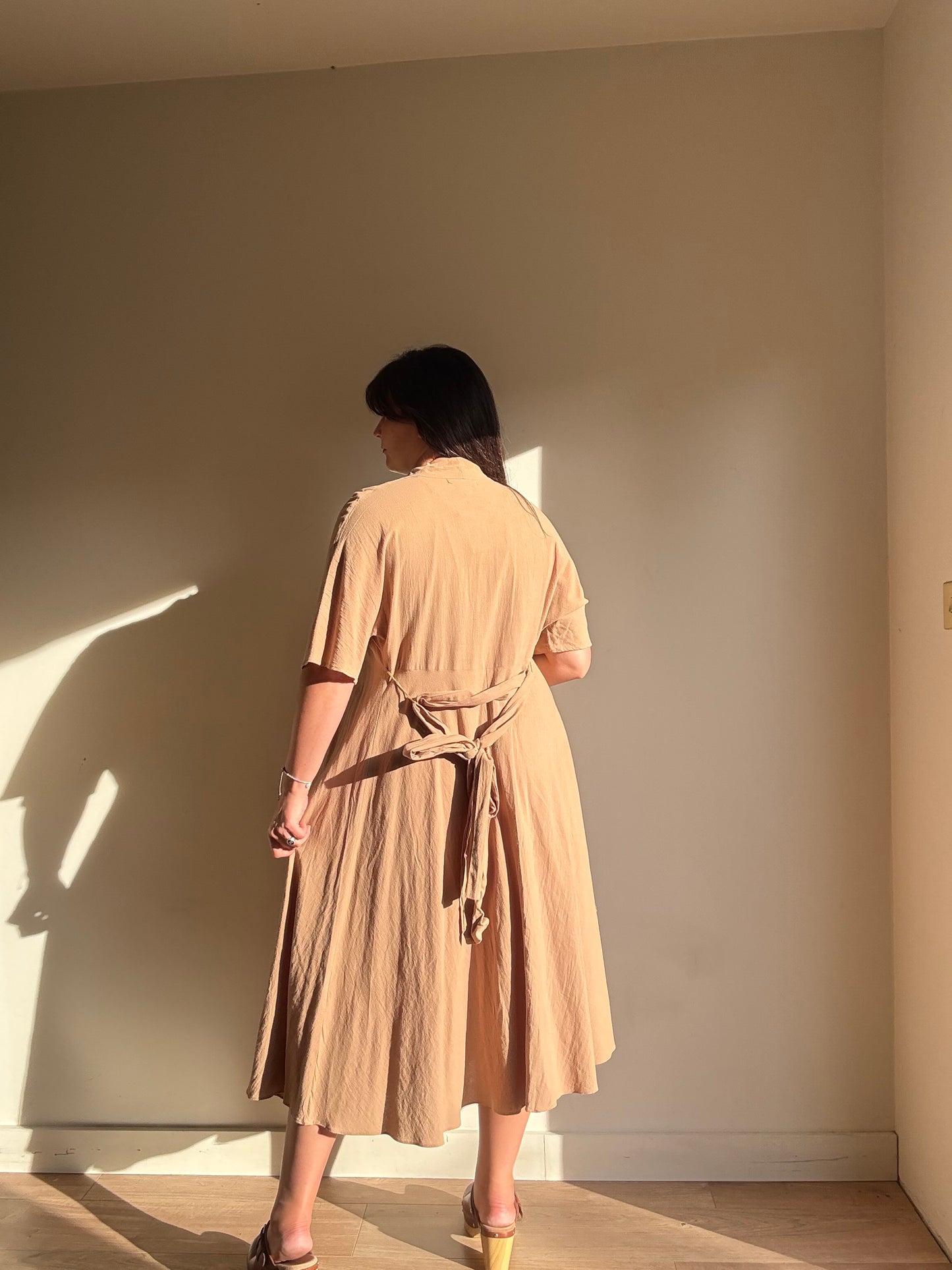 Tan Pure Cotton Belted Dress, M/L