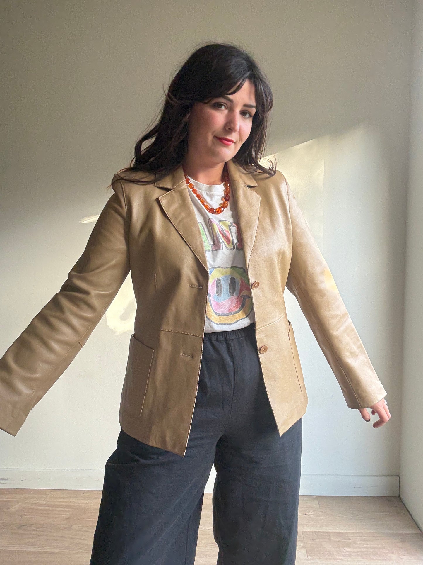 Camel Vintage Genuine Leather Jacket, M