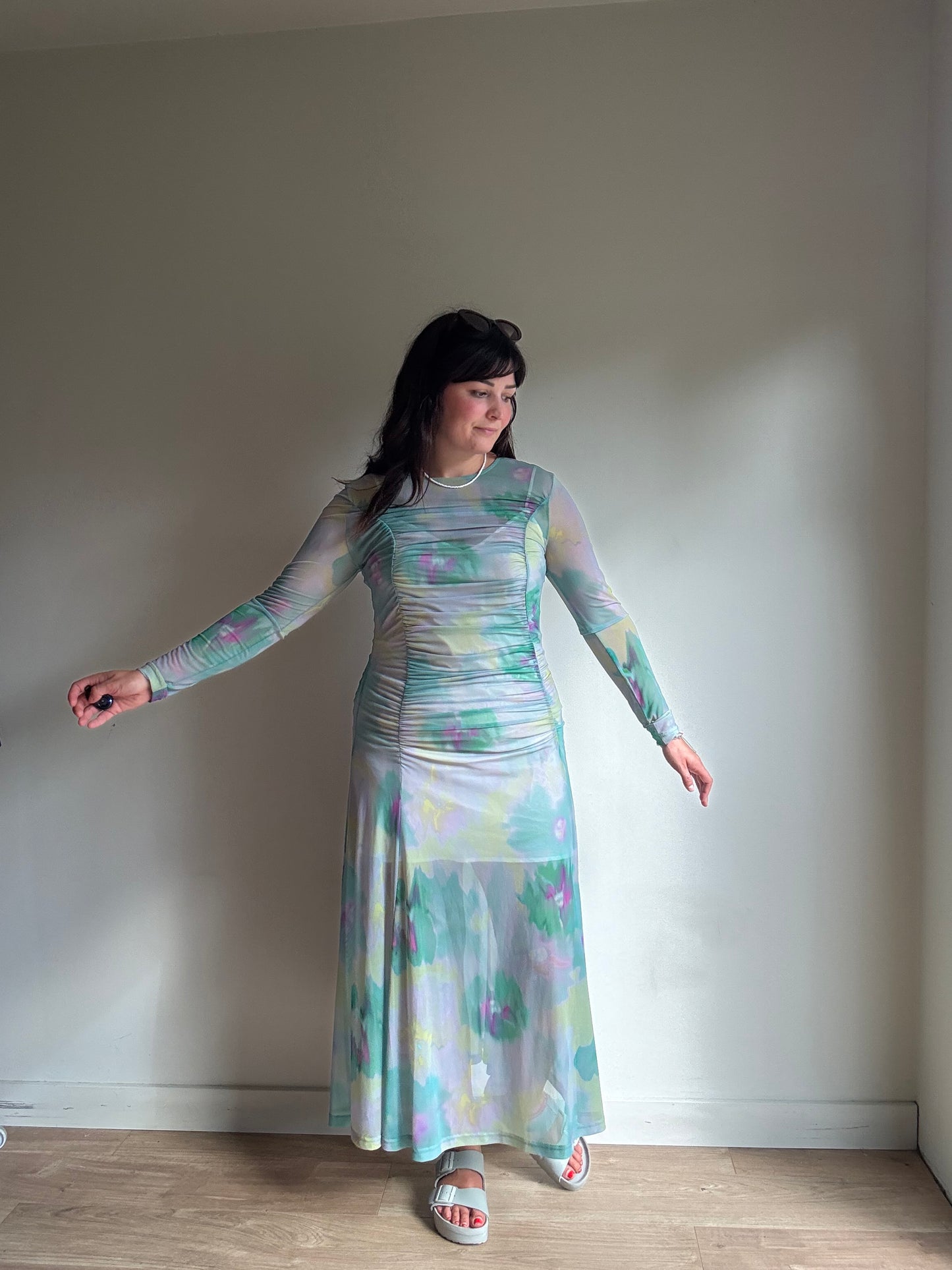 Weekday Sheer Gathered Midi Dress, M