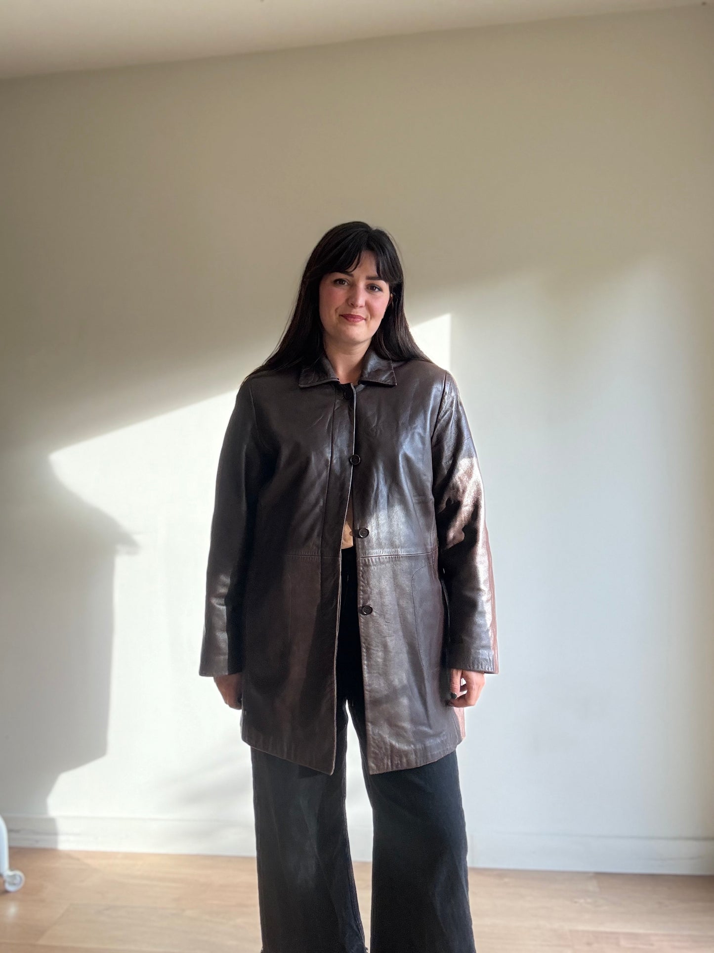 Brown Vintage M&S Butter Soft Leather Long Jacket, 12-14