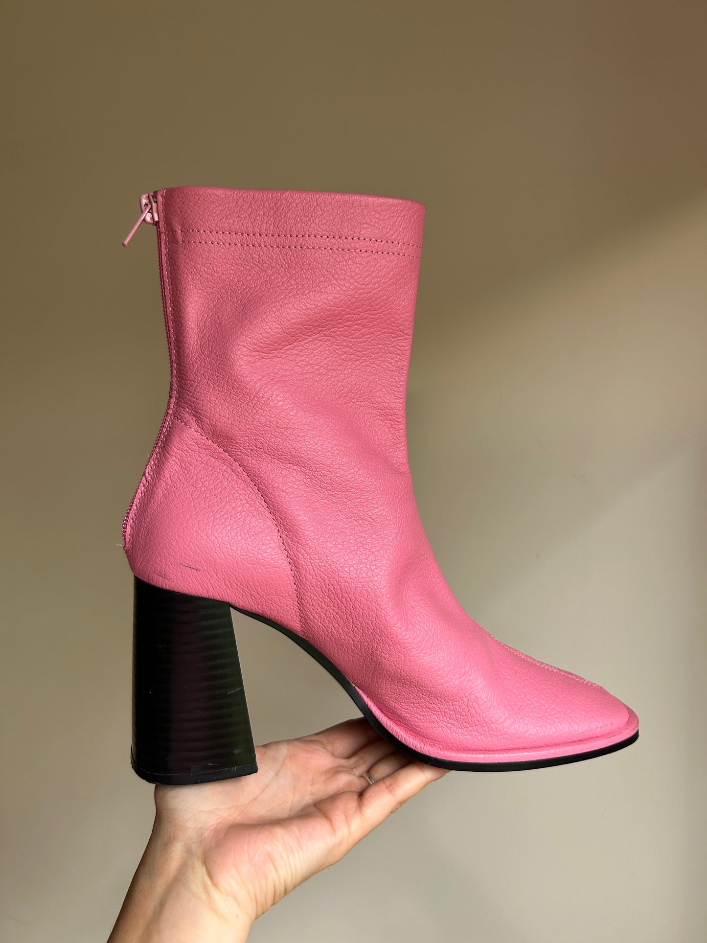 Pink Mango Grained Leather Block Heel Boot, 39