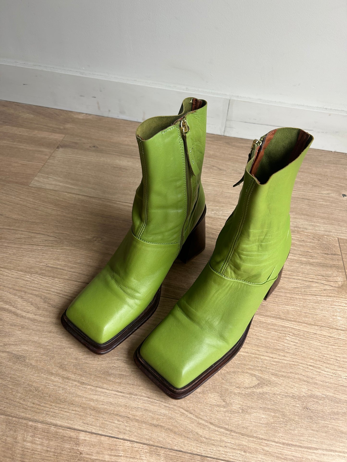 Green Asos Leather Square Toe Boots, 7