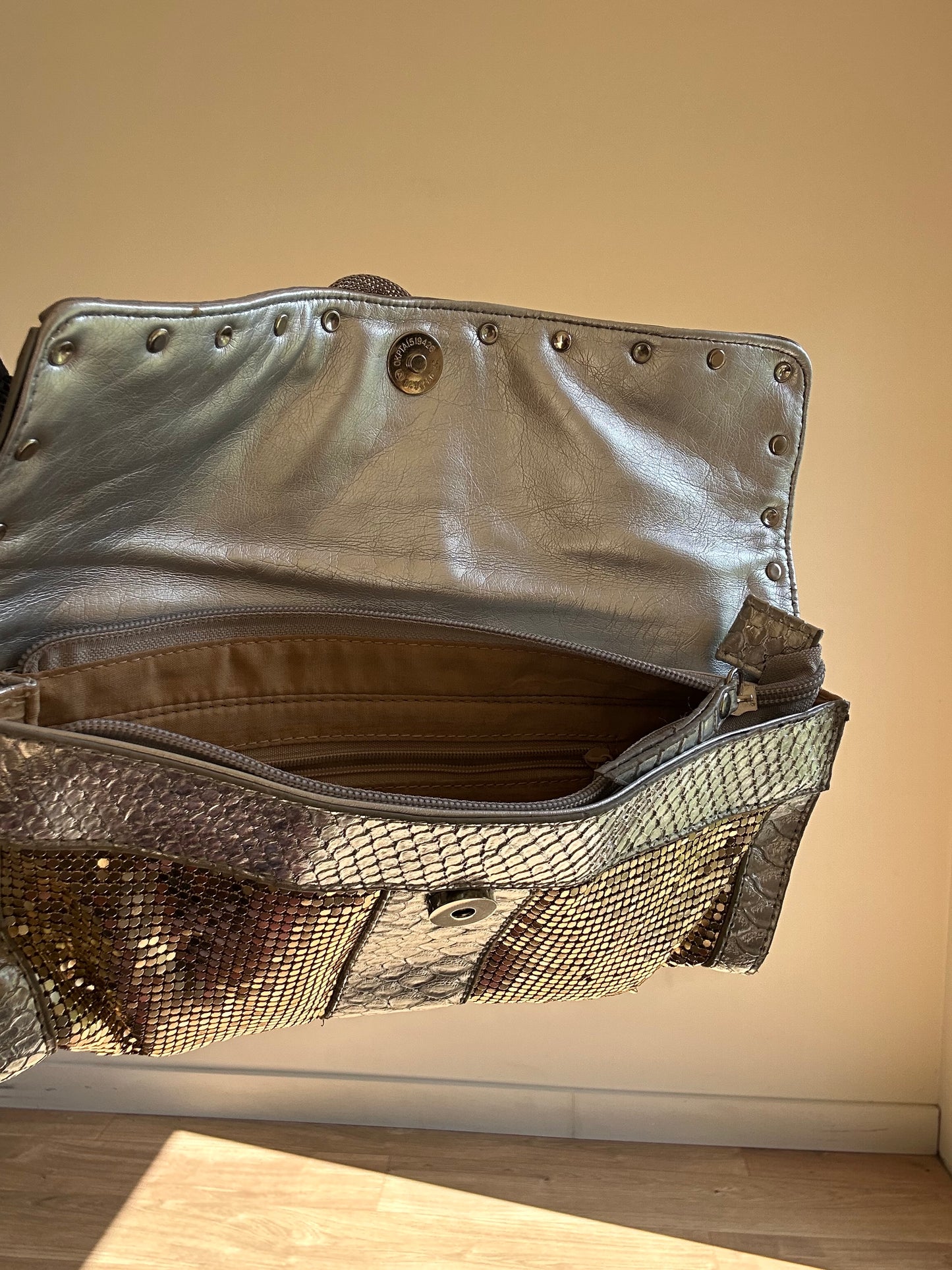 Gold & Silver Leather Chainmail Clutch Bag, O/S