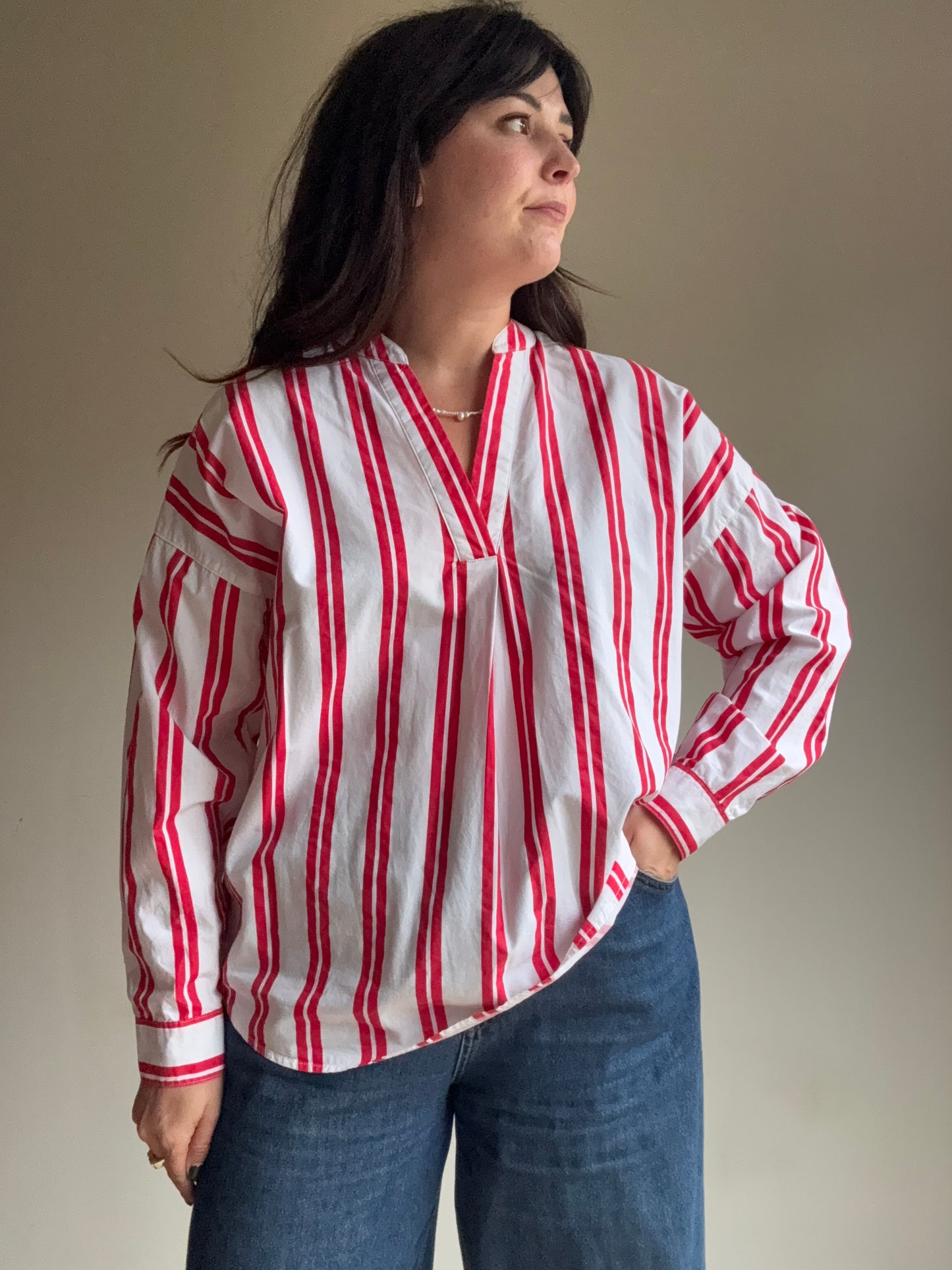 Red Stripe Cotton Blouse, M-L