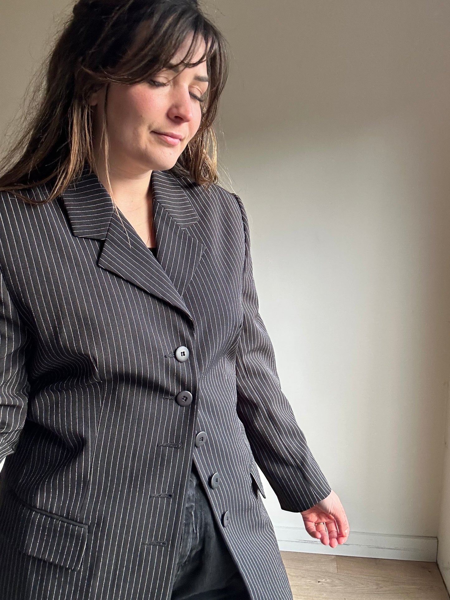 Black Vintage Pinstripe Blazer, 12
