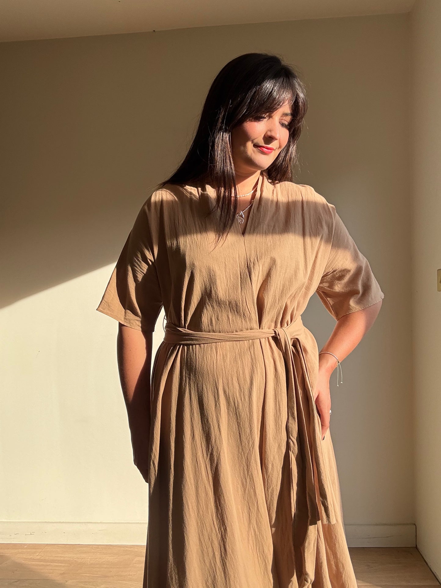 Tan Pure Cotton Belted Dress, M/L